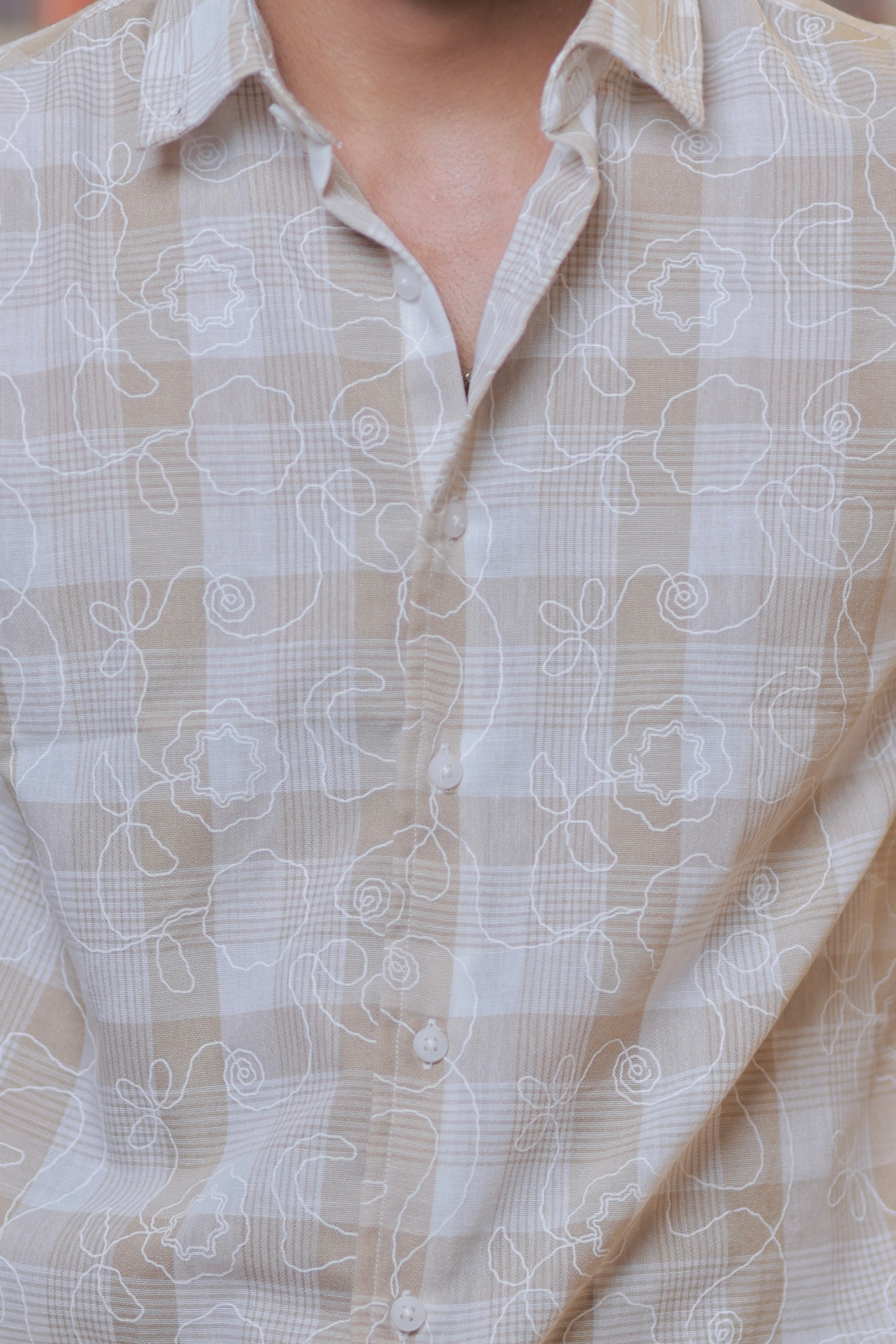 Cream-Brown Linen Checked Embroidery Shirt