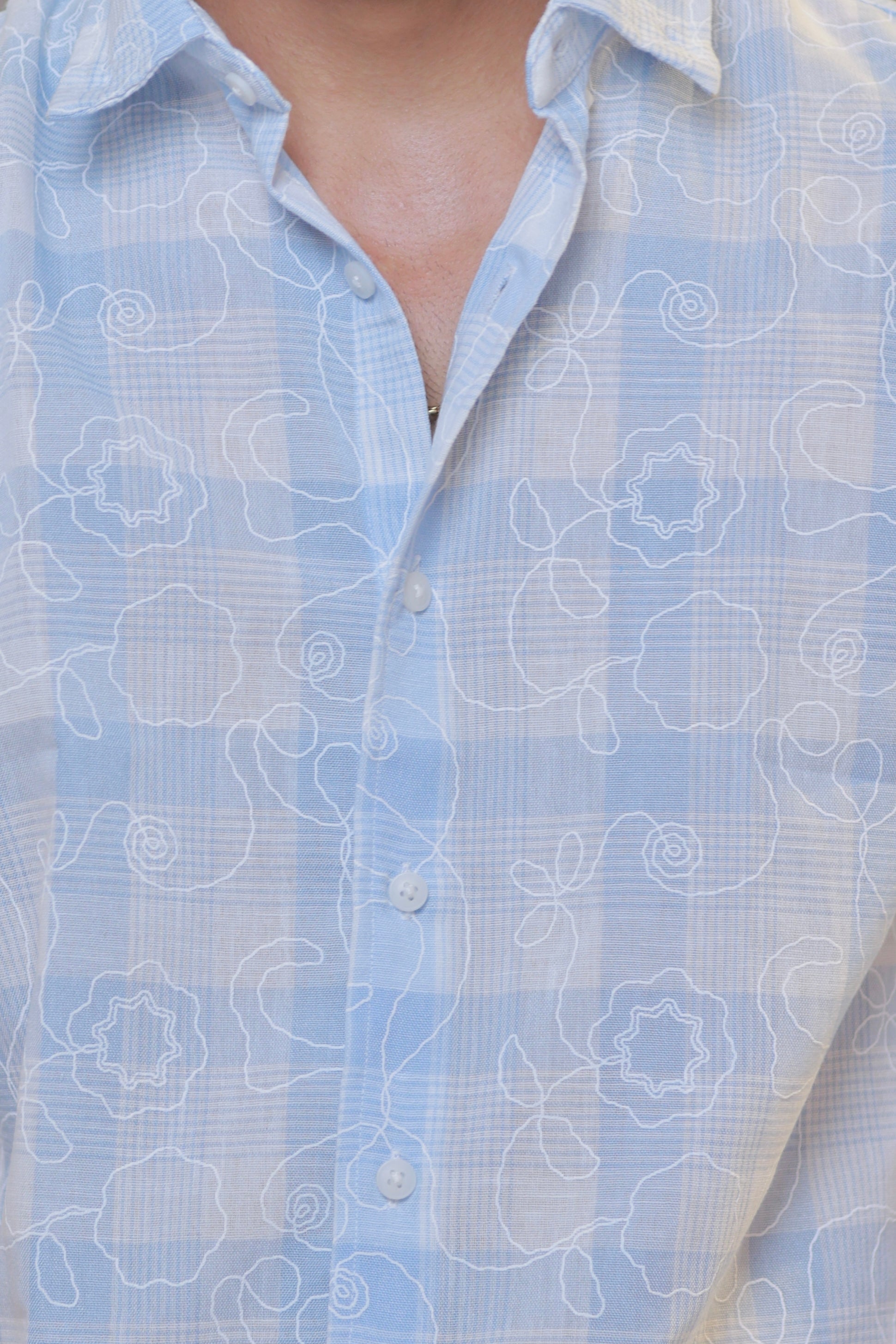 Sky-Blue Linen Embroidery Checked Shirt