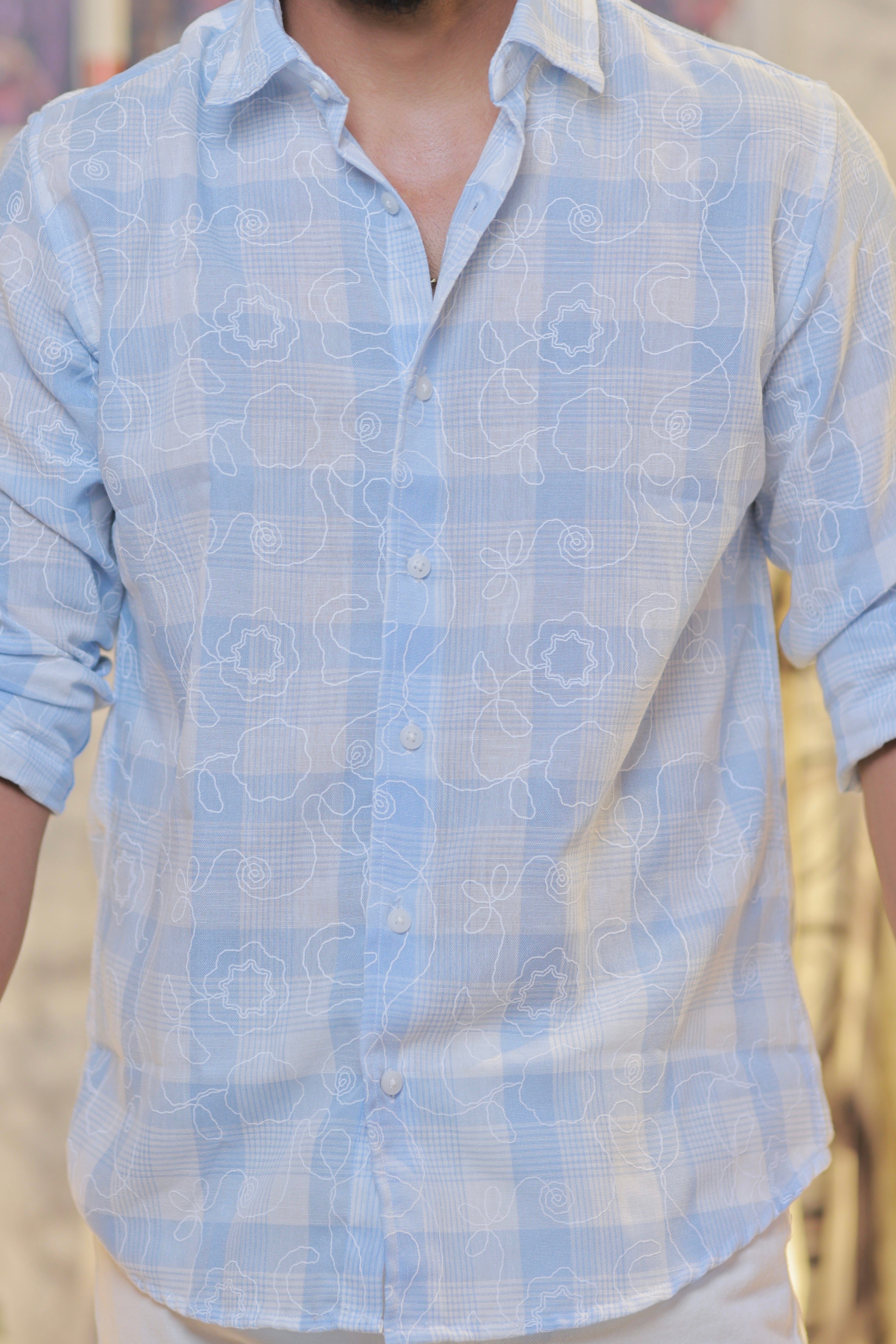 Sky-Blue Linen Embroidery Checked Shirt
