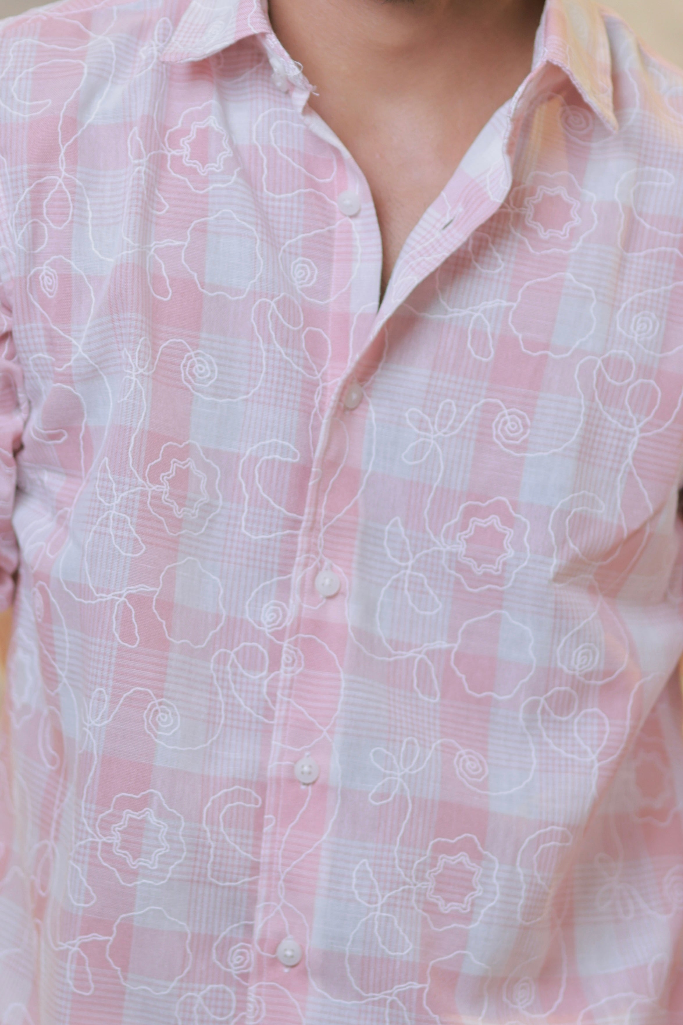 Baby-Pink Linen Embroidery Checked Shirt
