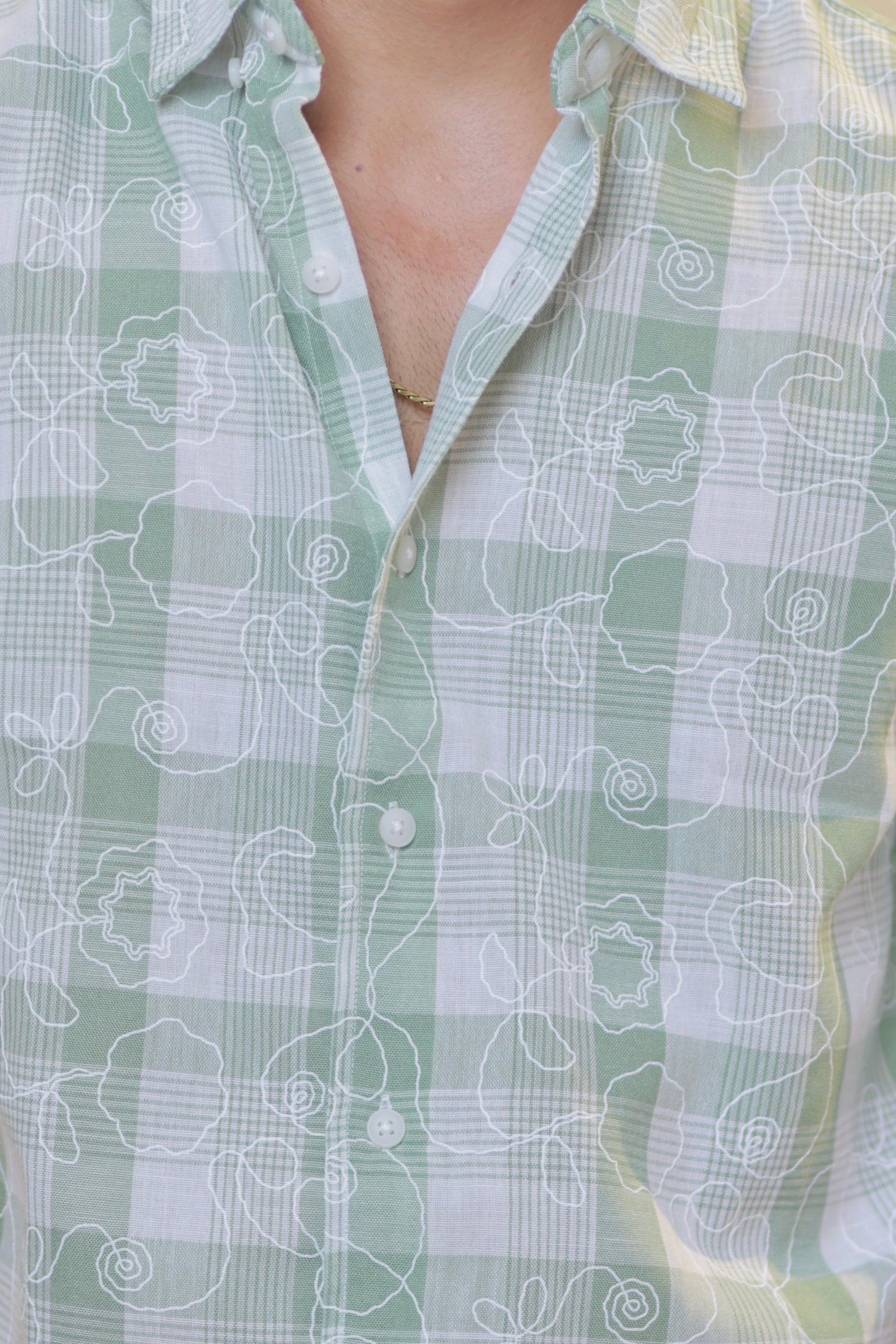 Mint-Green Linen Embroidery Checked Shirt