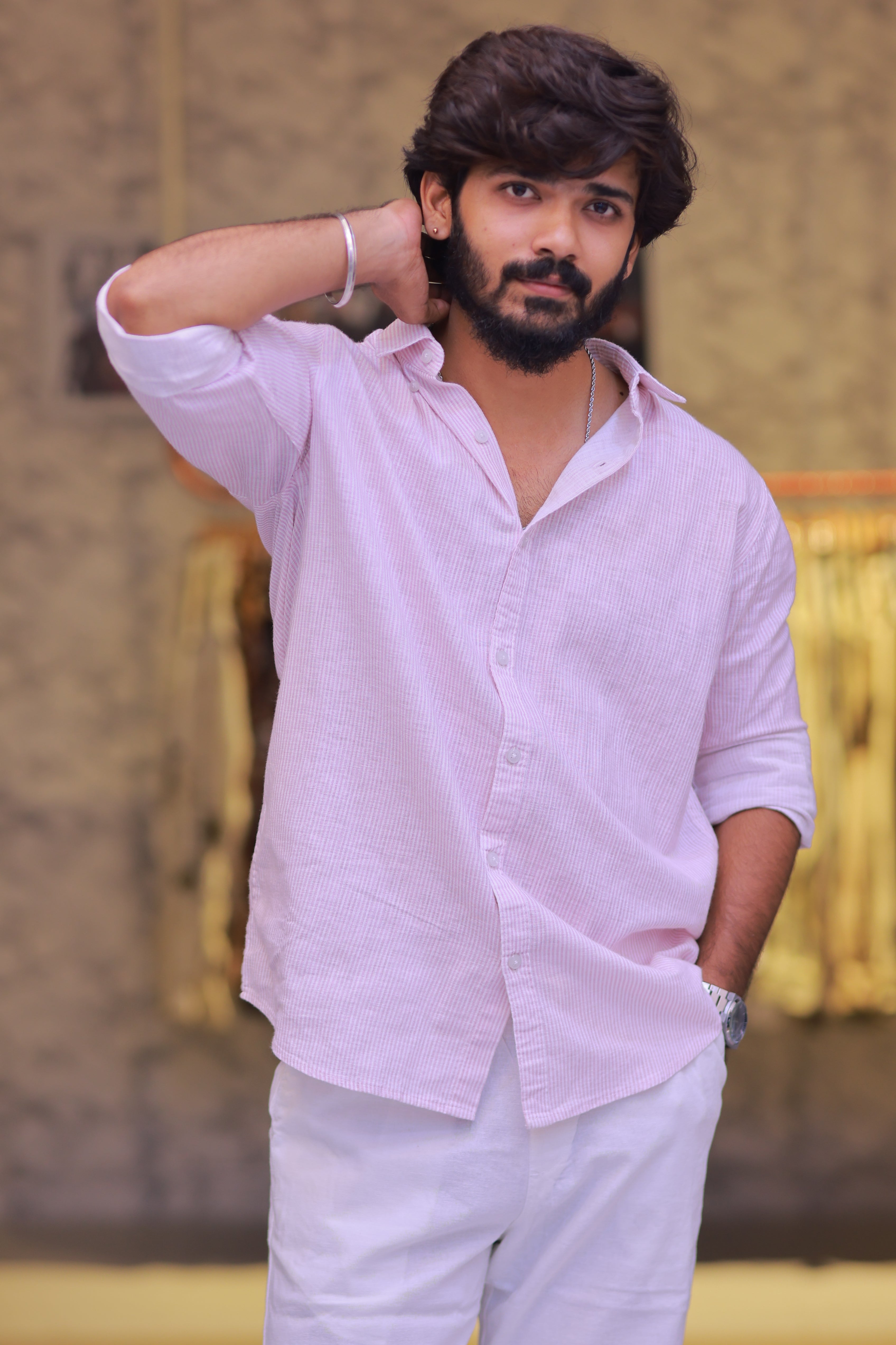 Linen Pink Striped Full-Hand Shirt