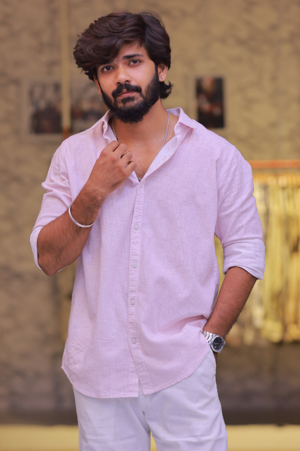 Linen Pink Striped Full-Hand Shirt