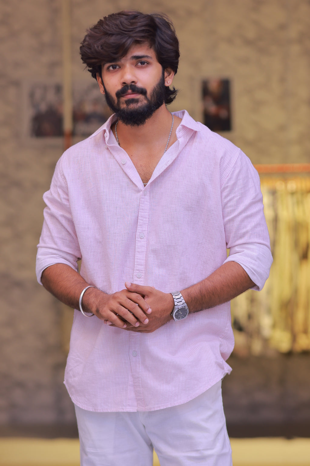 Linen Pink Striped Full-Hand Shirt