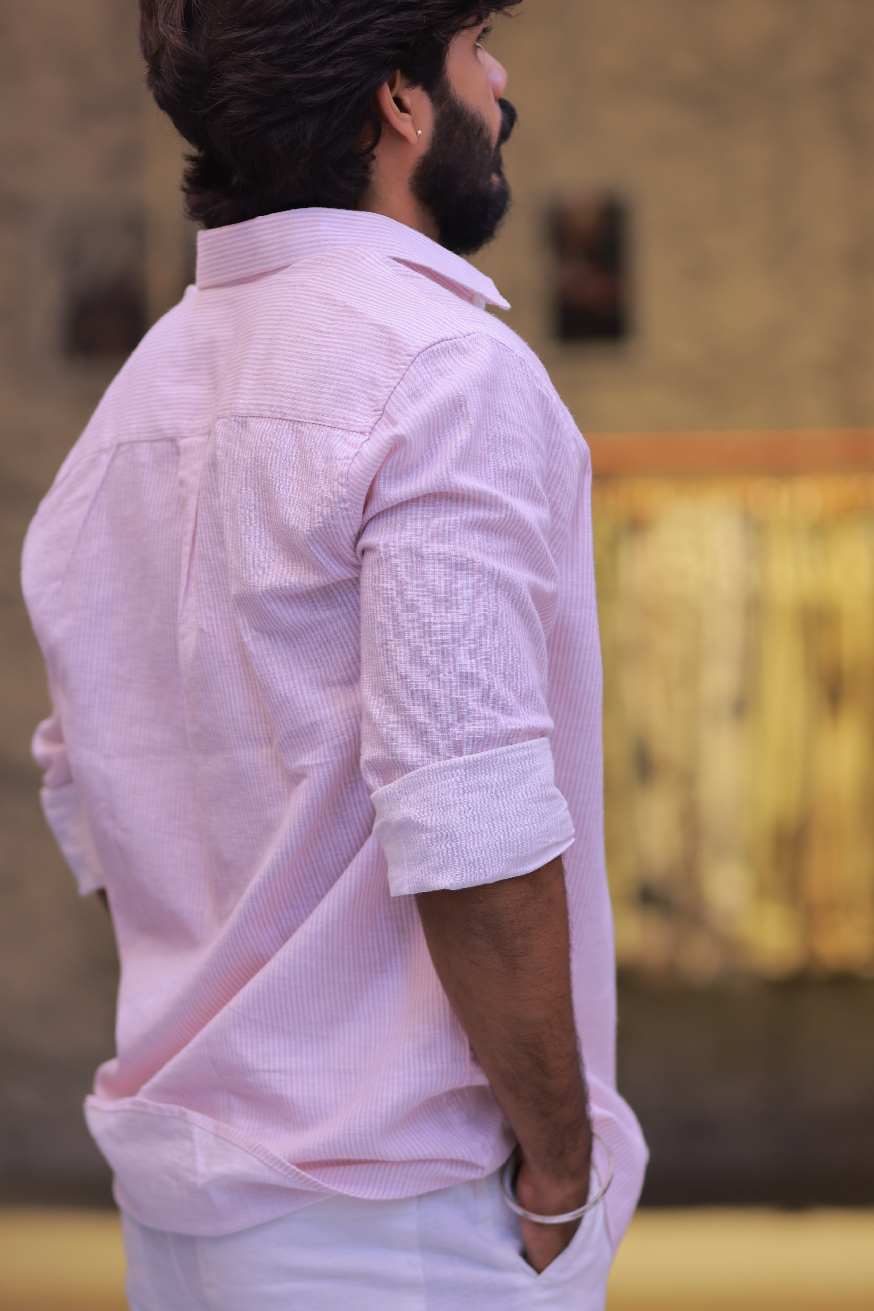 Linen Pink Striped Full-Hand Shirt