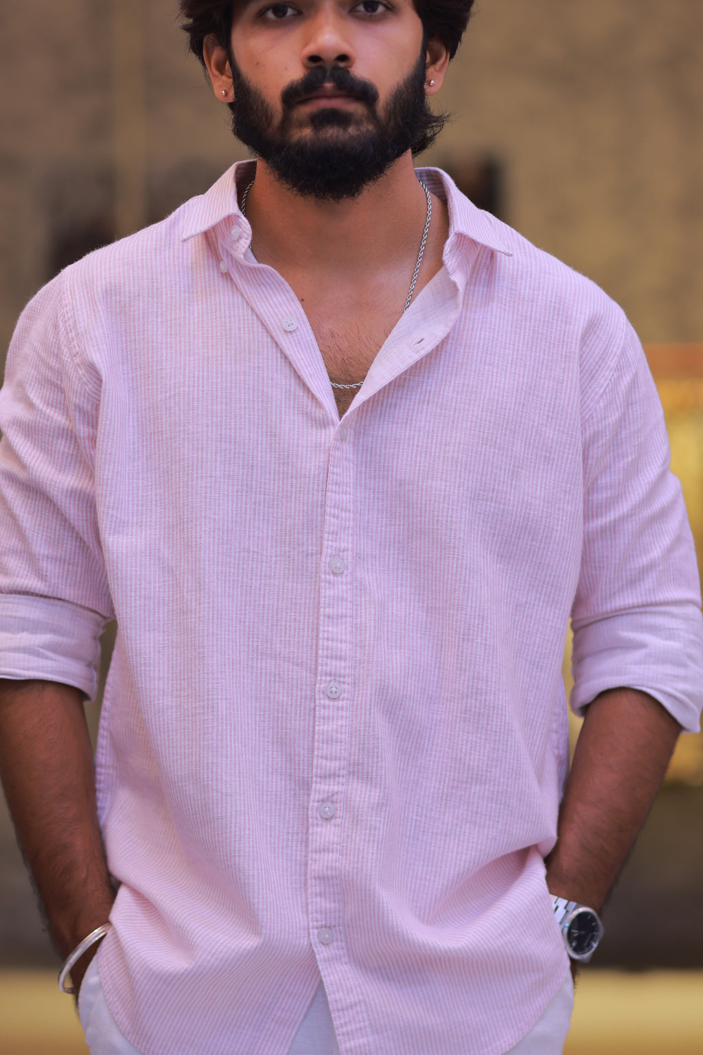 Linen Pink Striped Full-Hand Shirt