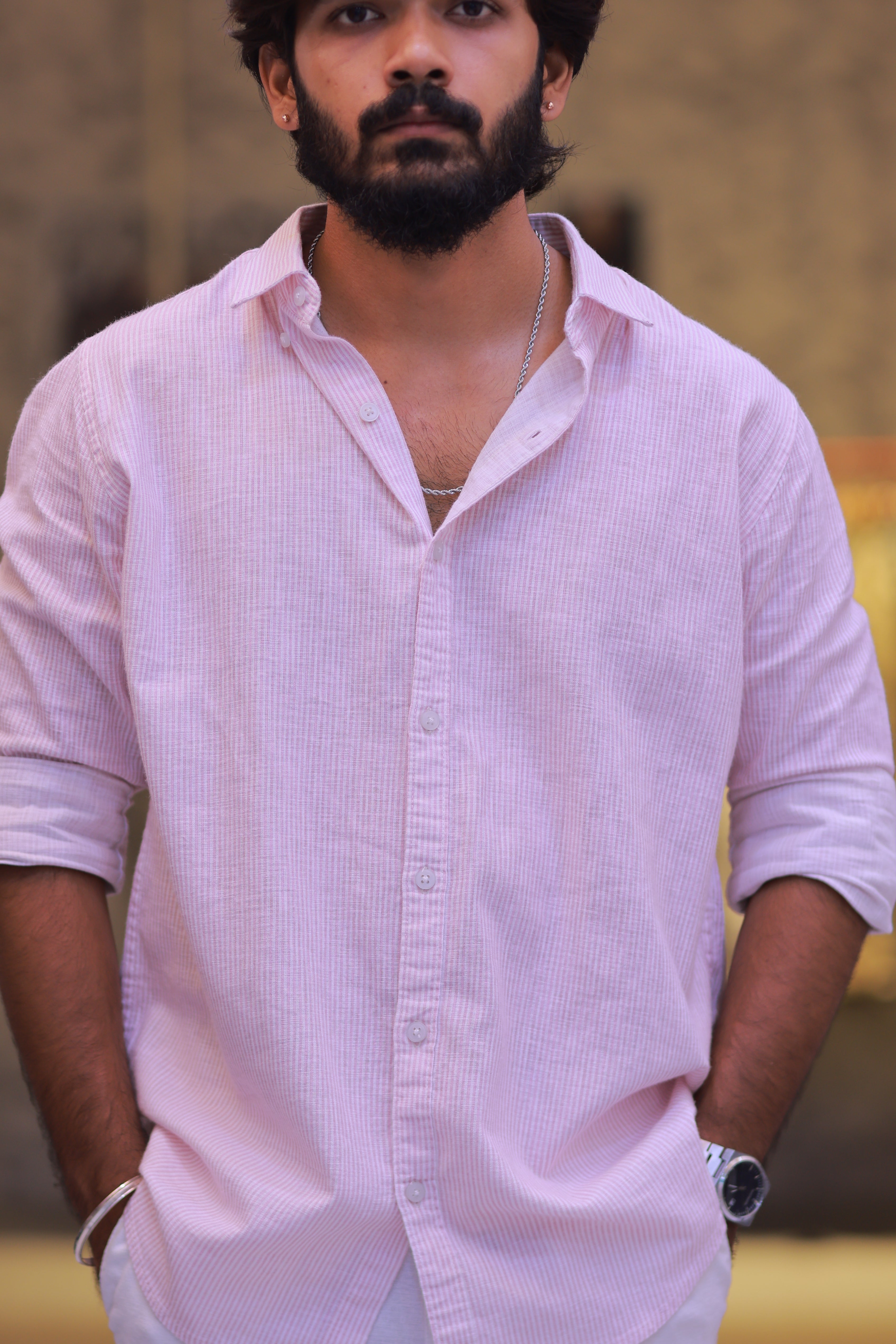 Linen Pink Striped Full-Hand Shirt