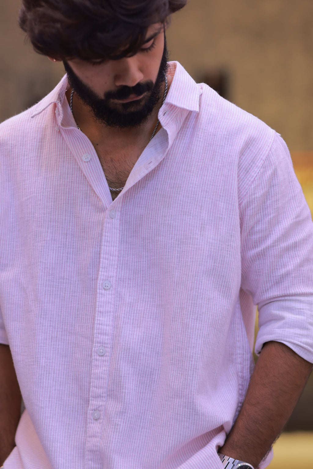 Linen Pink Striped Full-Hand Shirt