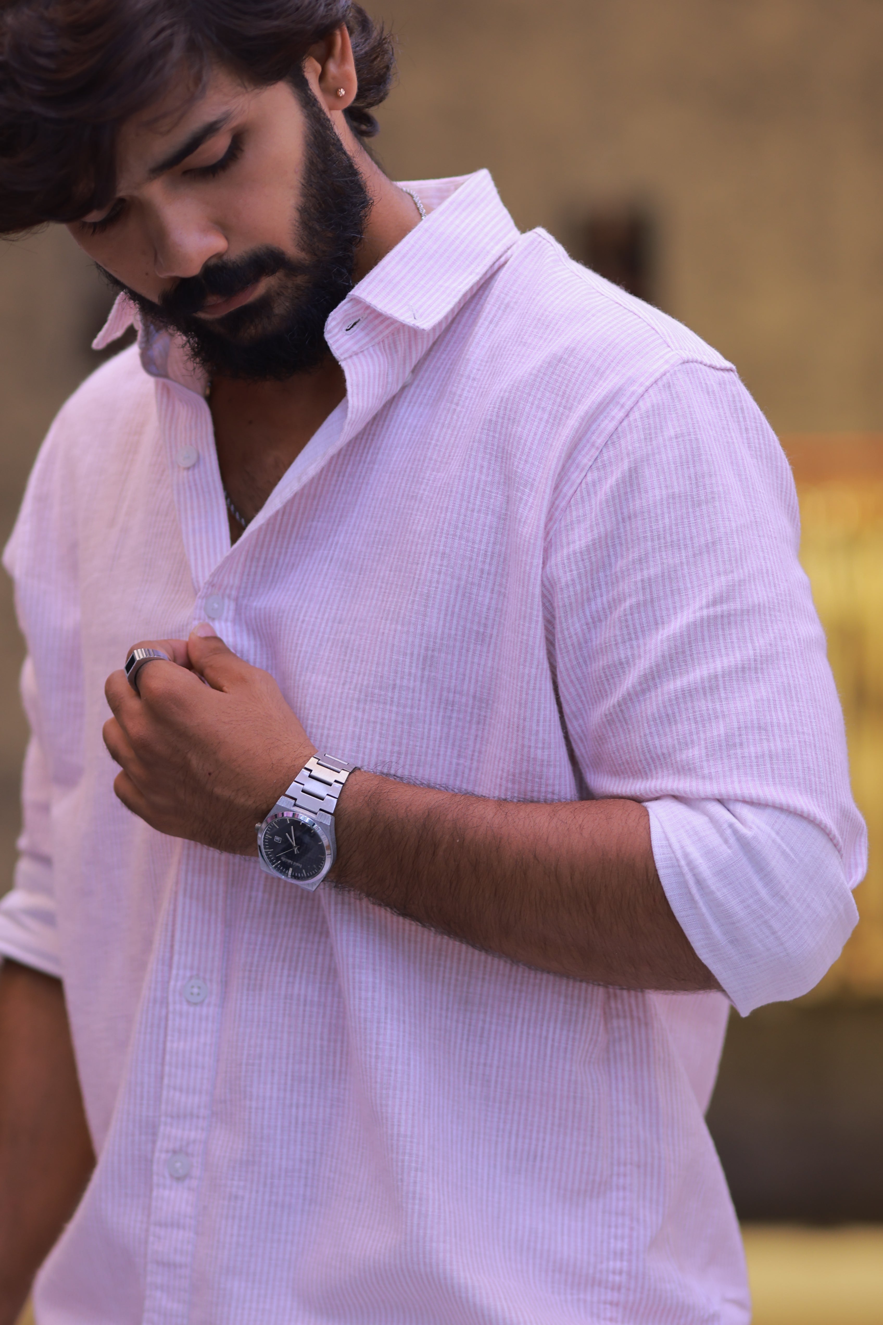 Linen Pink Striped Full-Hand Shirt