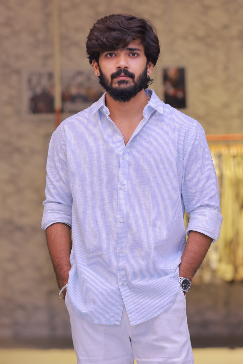 Linen Blue Striped Full-Hand Shirt