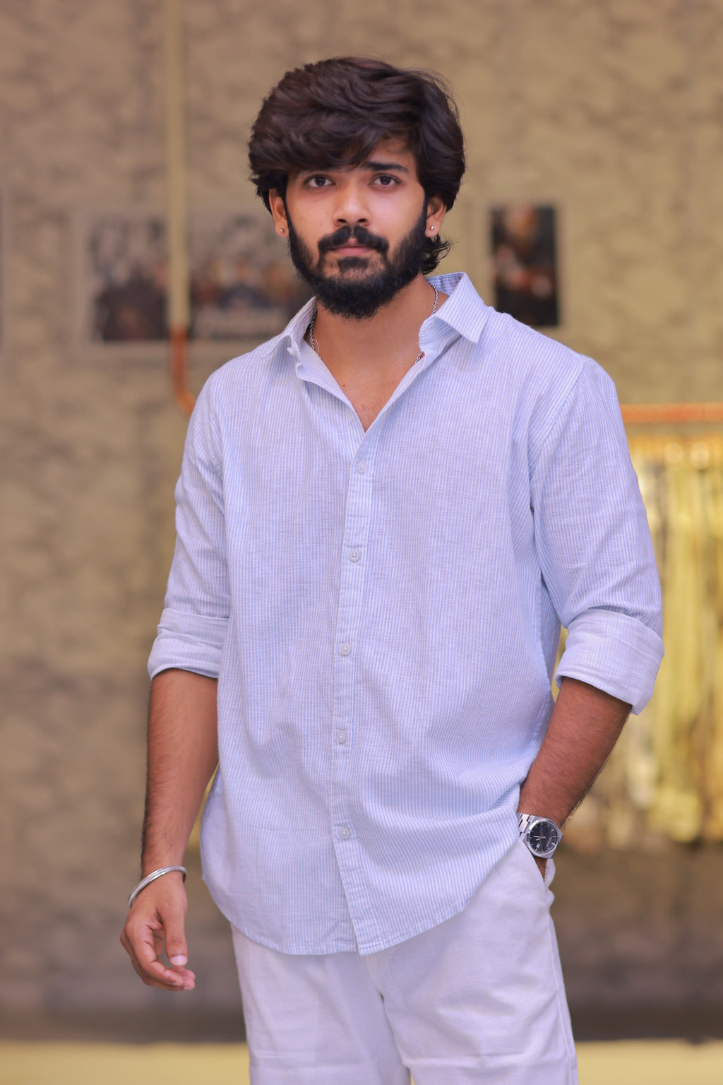 Linen Blue Striped Full-Hand Shirt