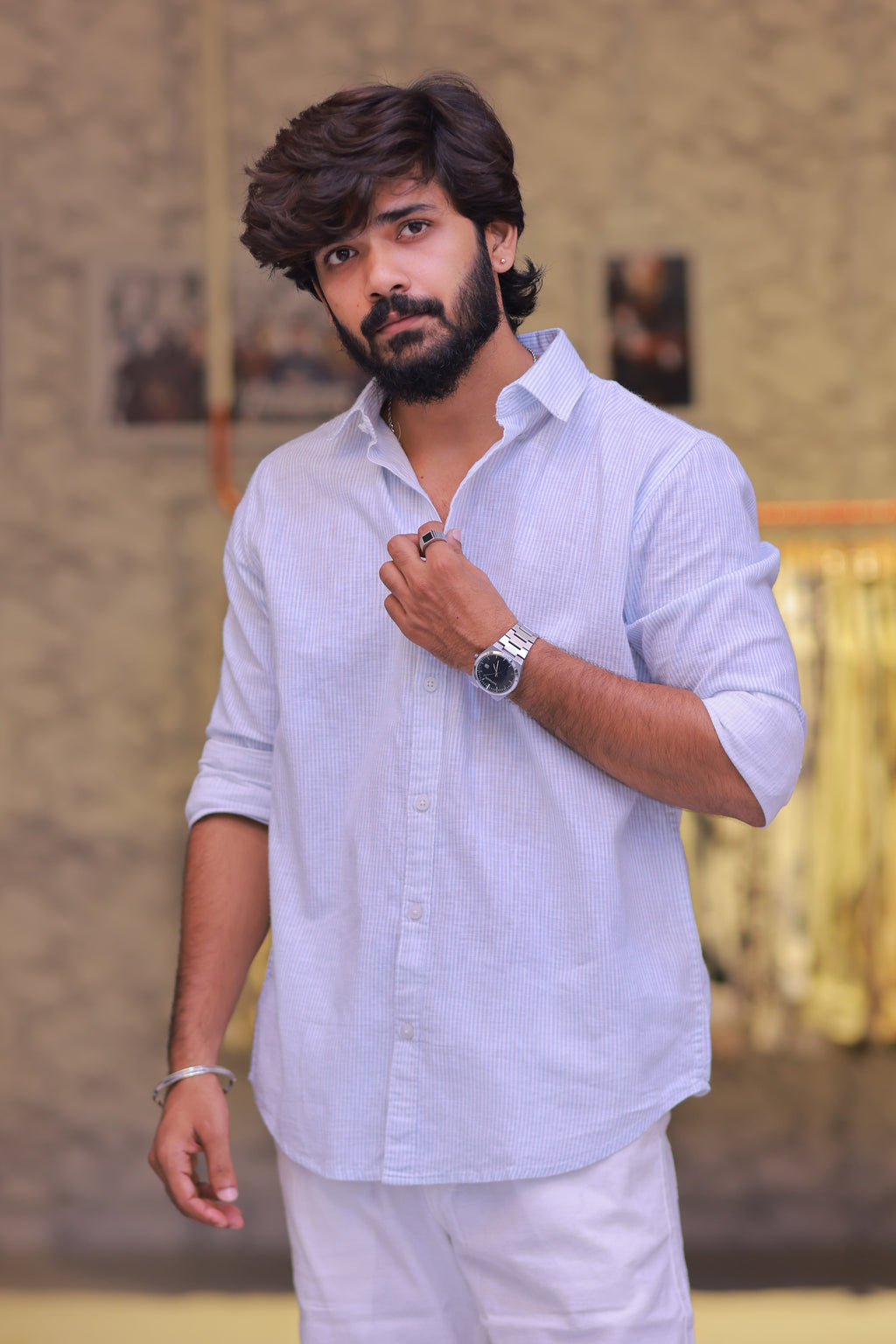 Linen Blue Striped Full-Hand Shirt