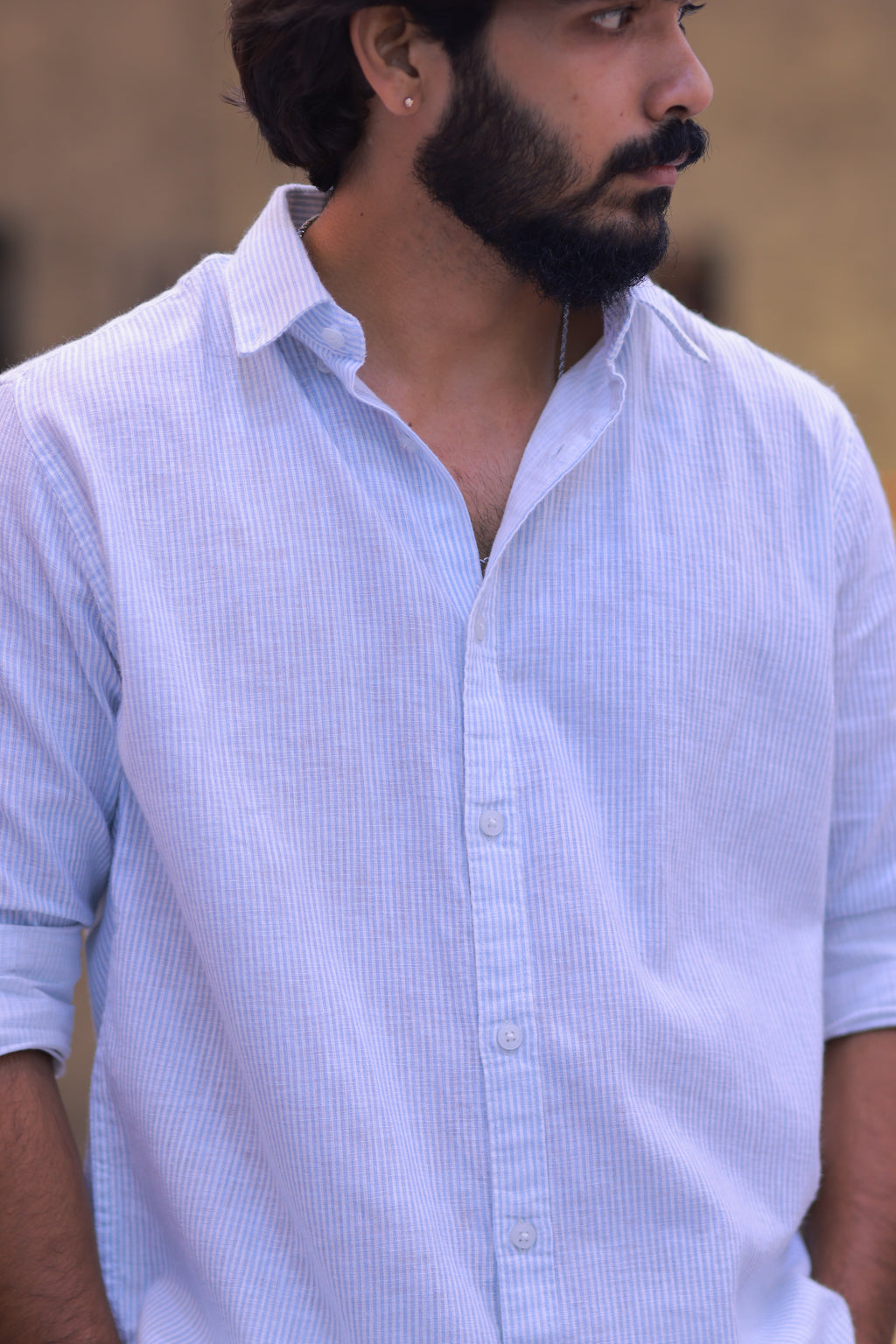Linen Blue Striped Full-Hand Shirt