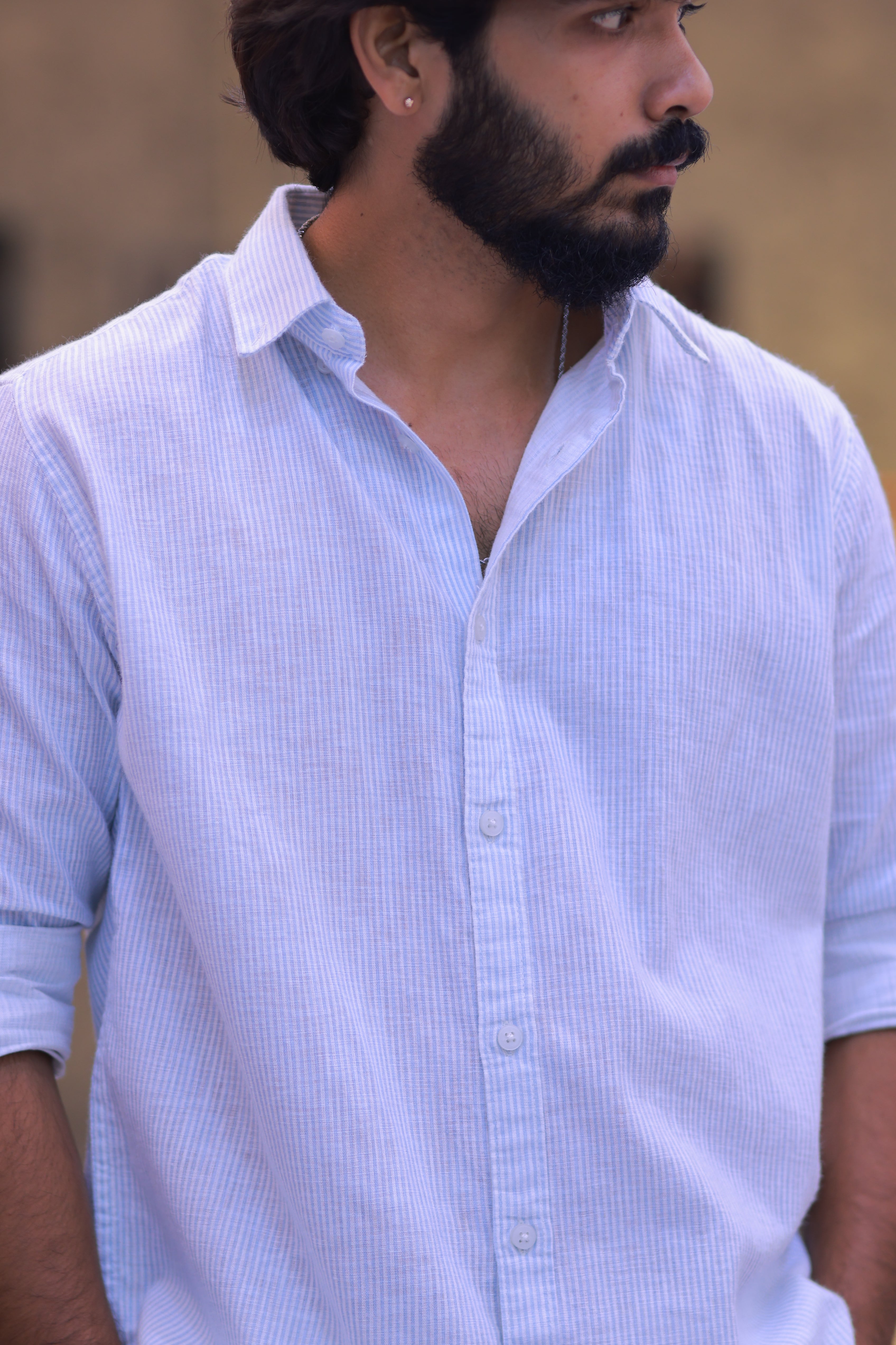 Linen Blue Striped Full-Hand Shirt
