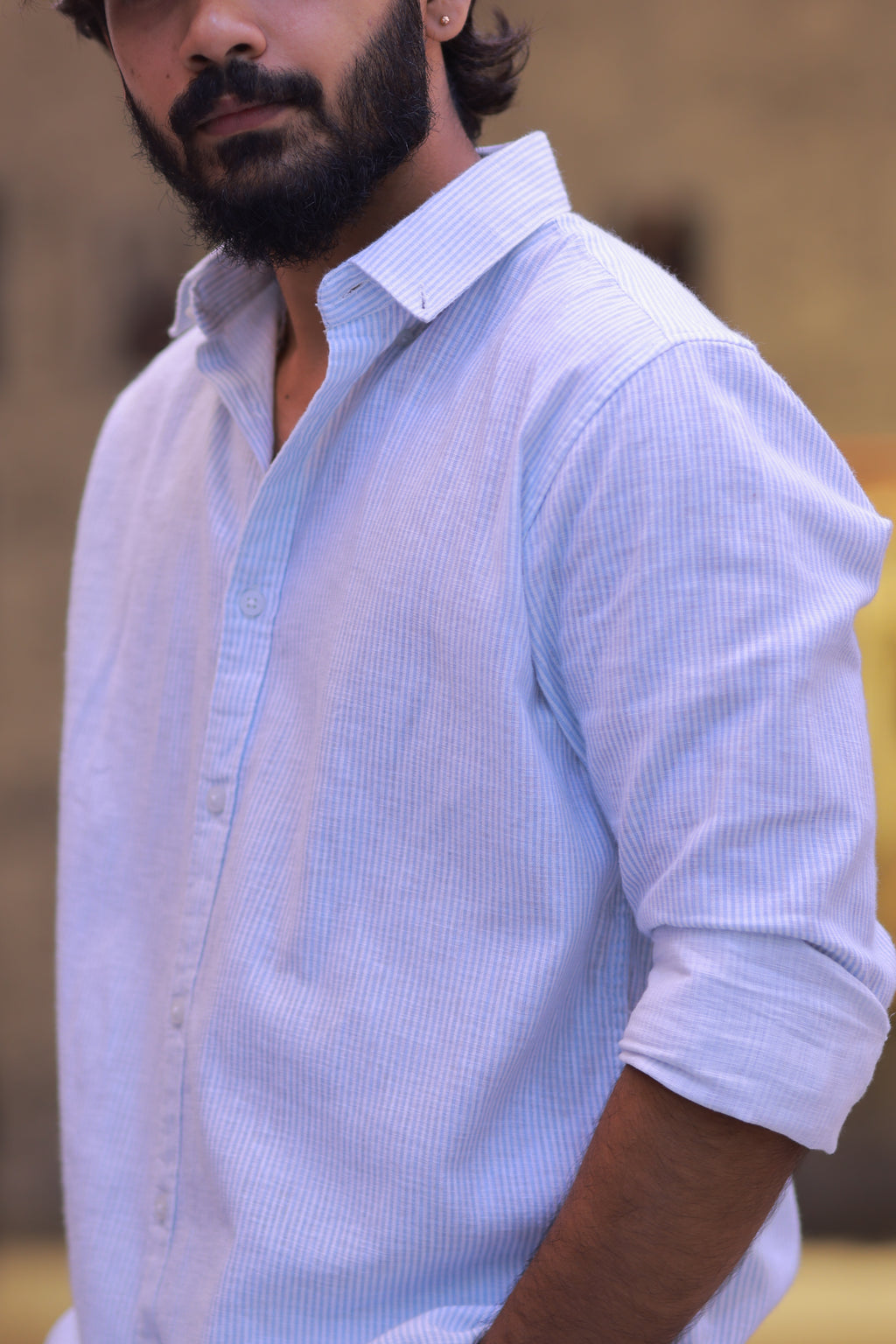 Linen Blue Striped Full-Hand Shirt