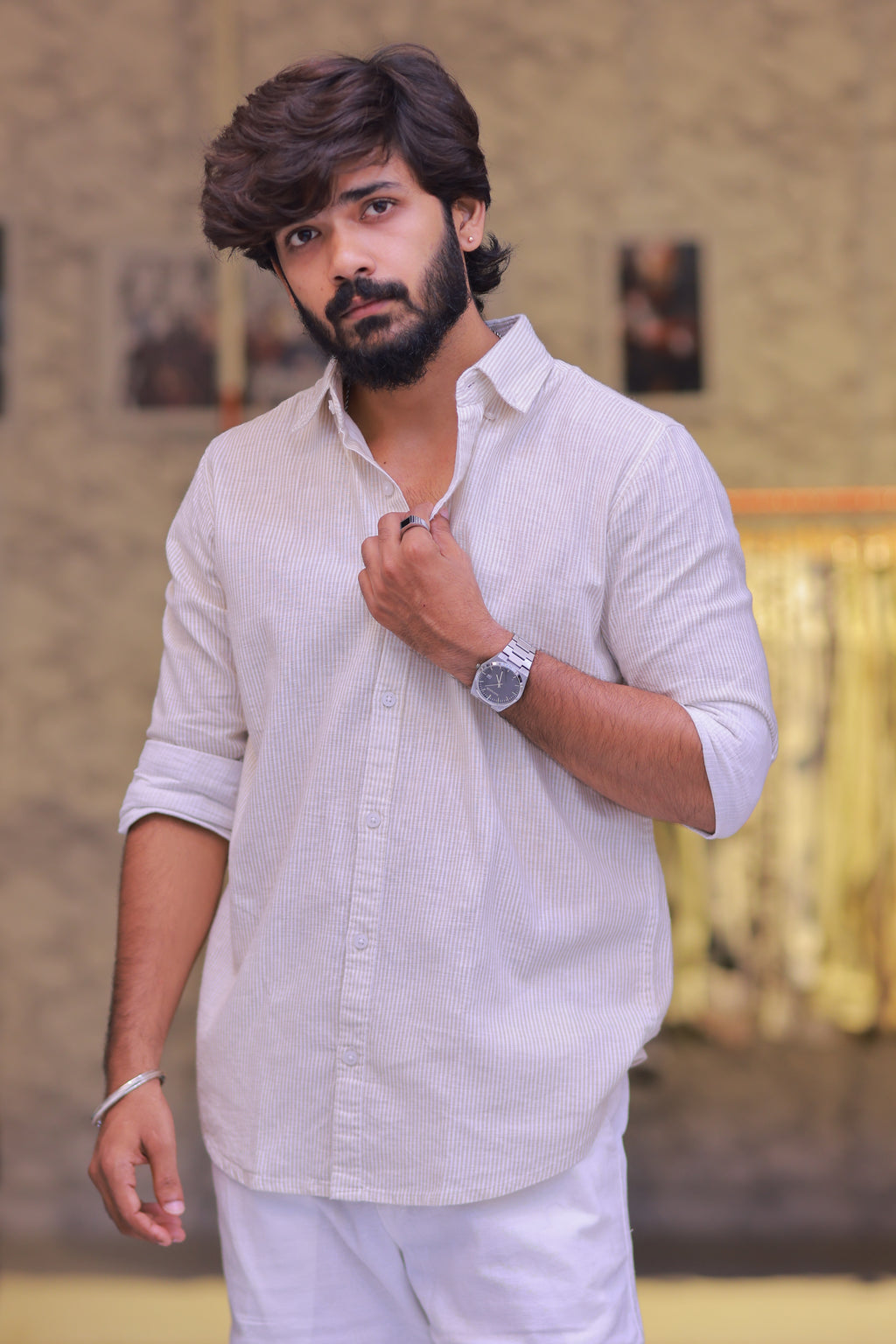 Linen Green Striped Full-Hand Shirt