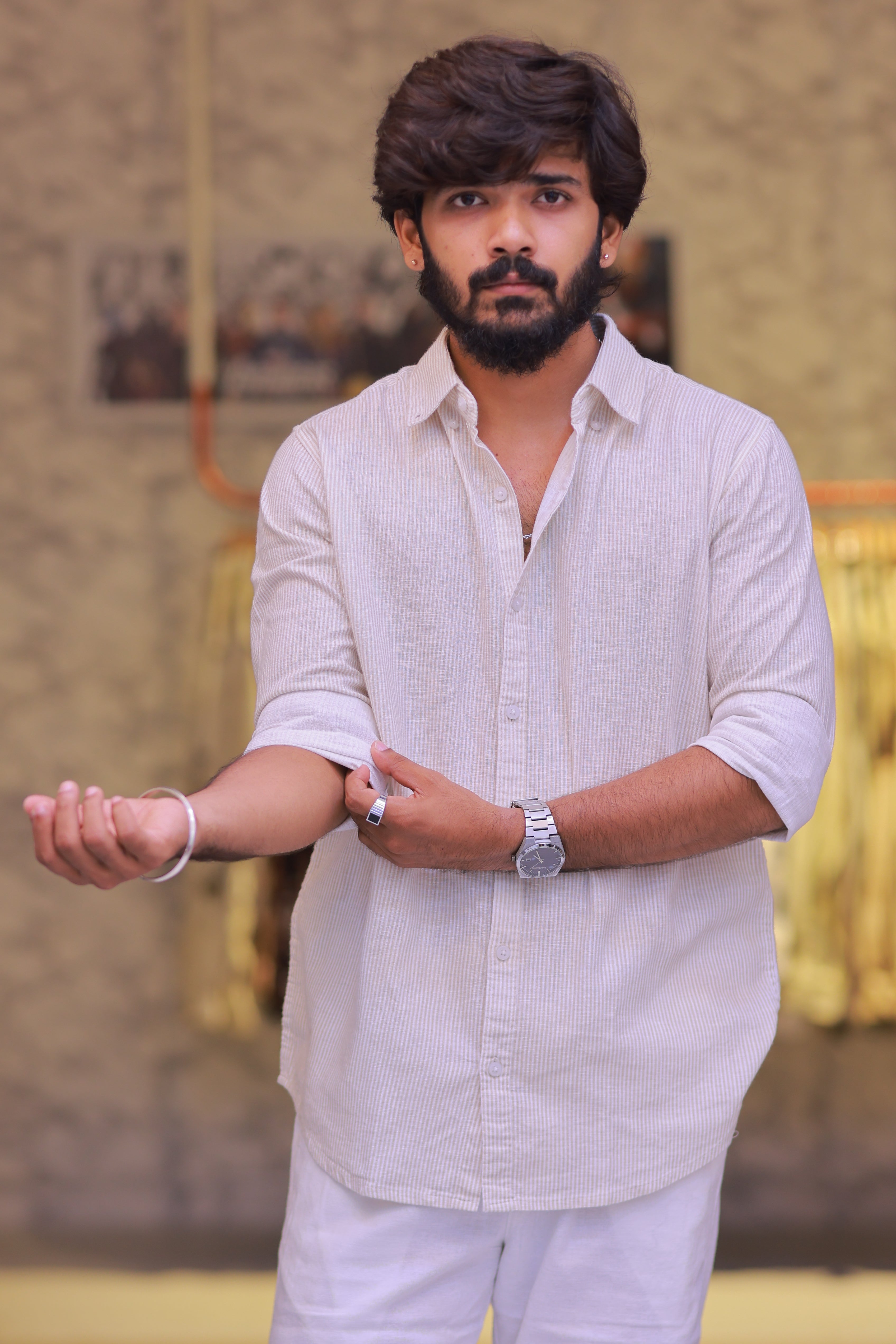 Linen Green Striped Full-Hand Shirt