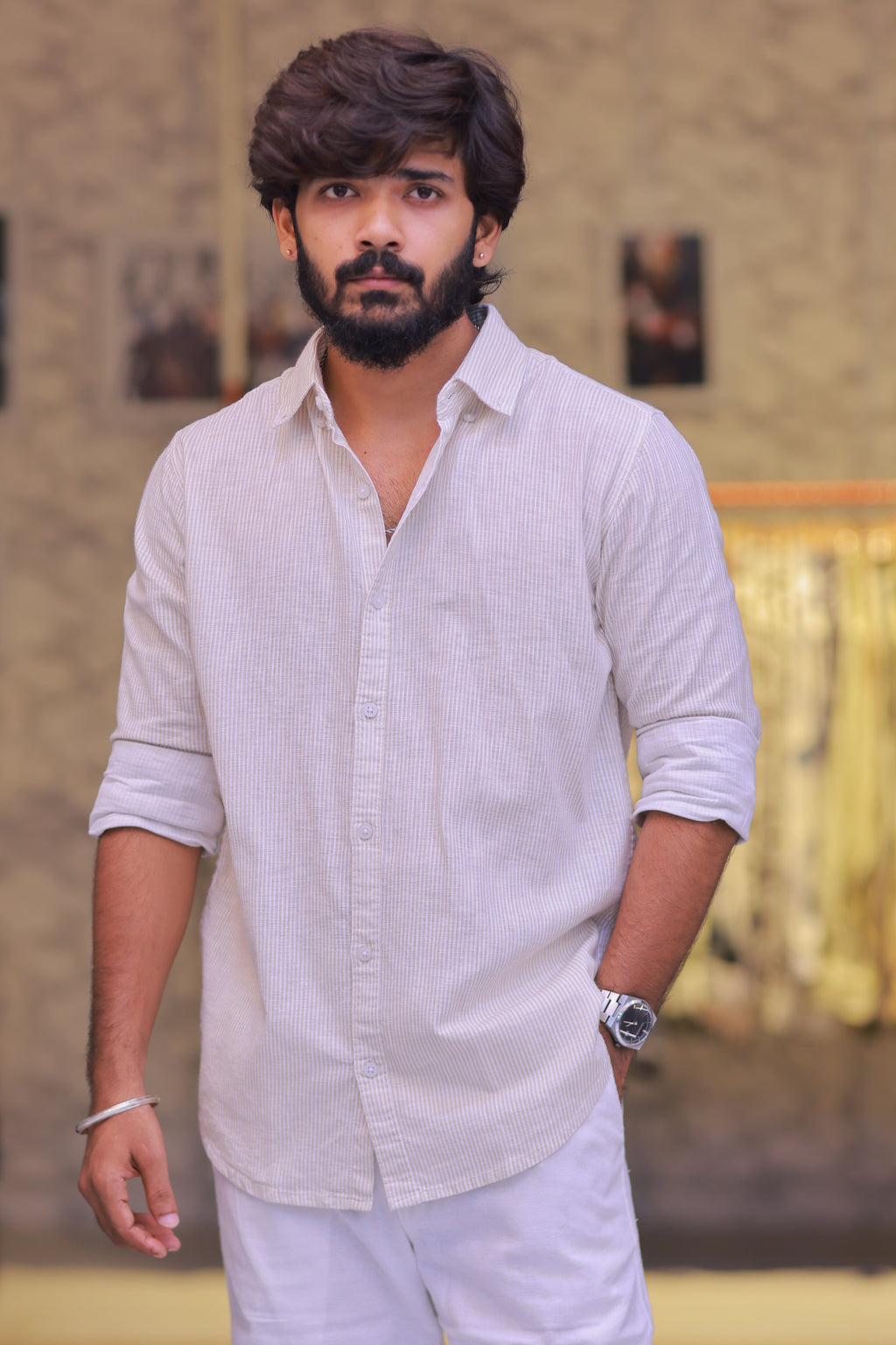 Linen Green Striped Full-Hand Shirt