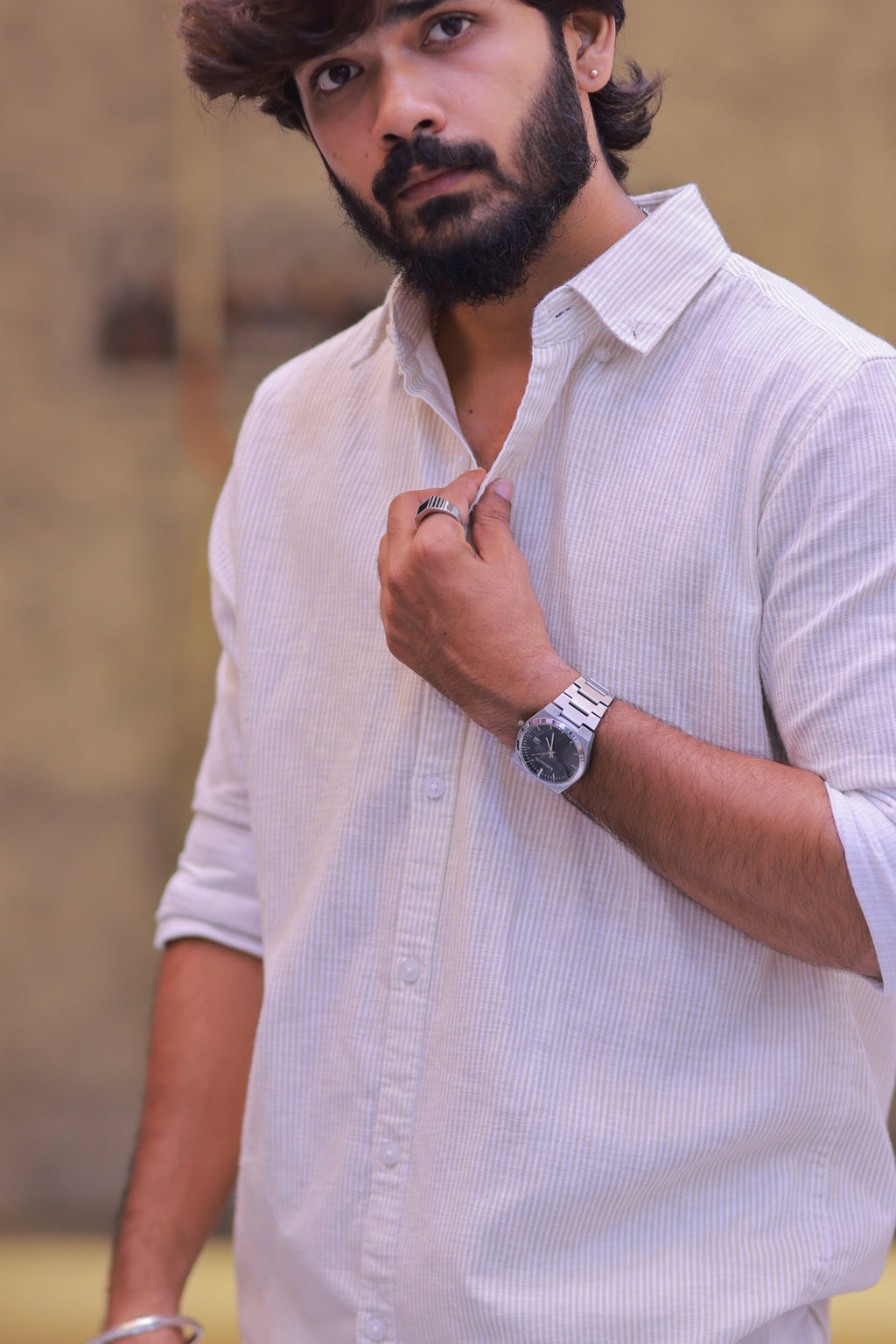 Linen Green Striped Full-Hand Shirt