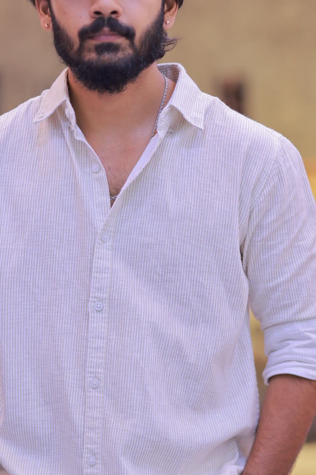 Linen Green Striped Full-Hand Shirt
