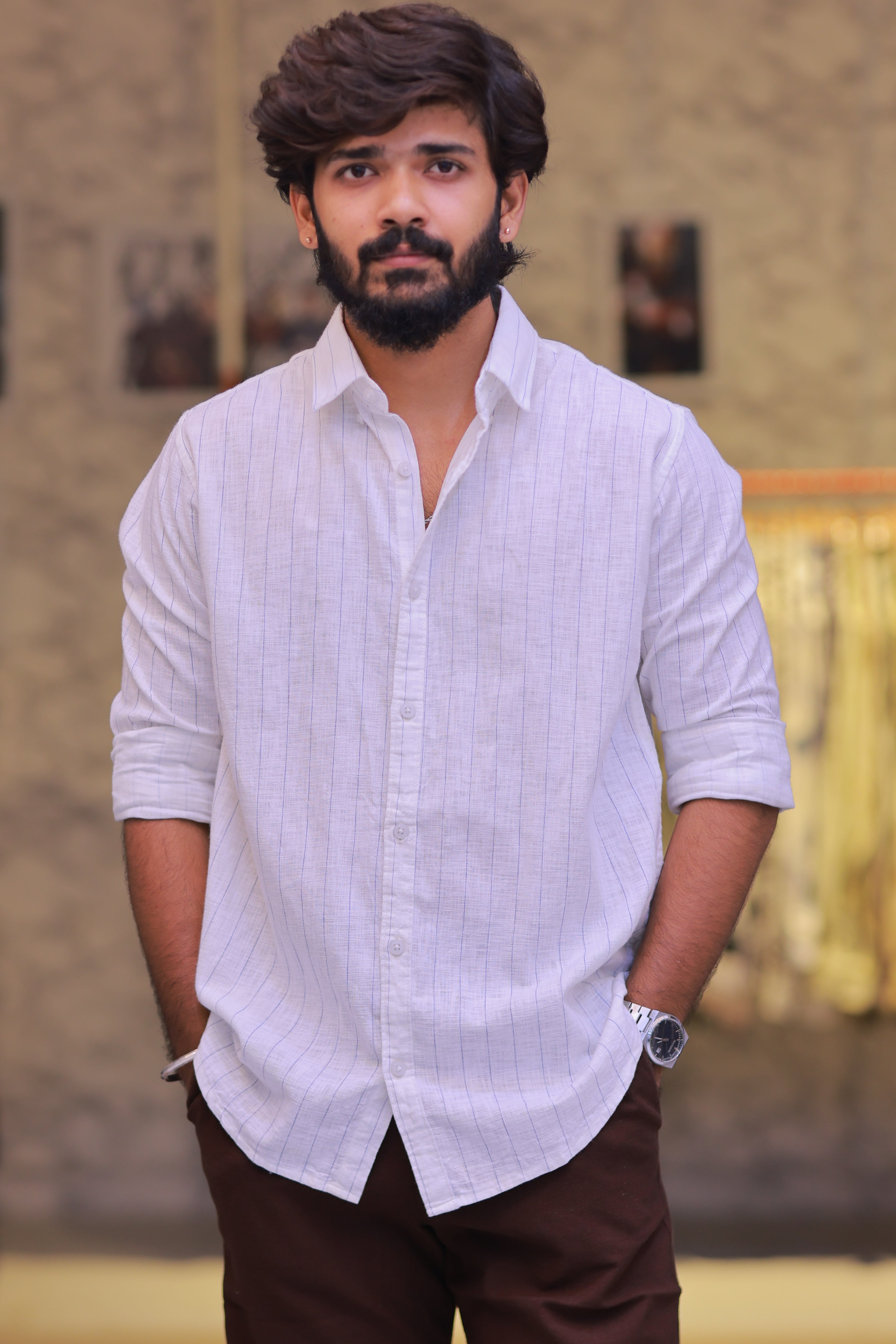 Linen Blue Striped Full-Hand Shirt
