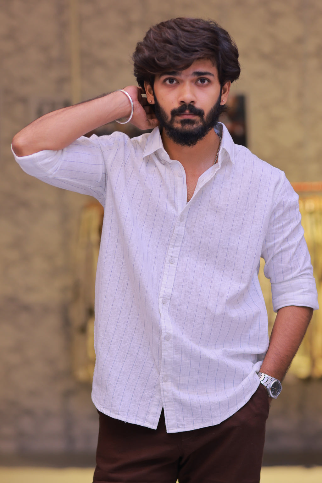 Linen Blue Striped Full-Hand Shirt