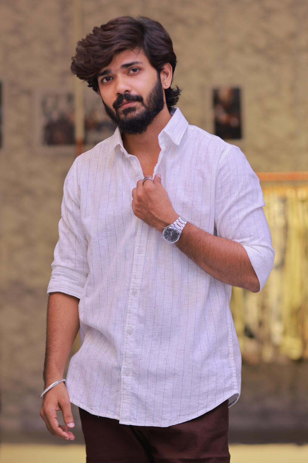 Linen Blue Striped Full-Hand Shirt