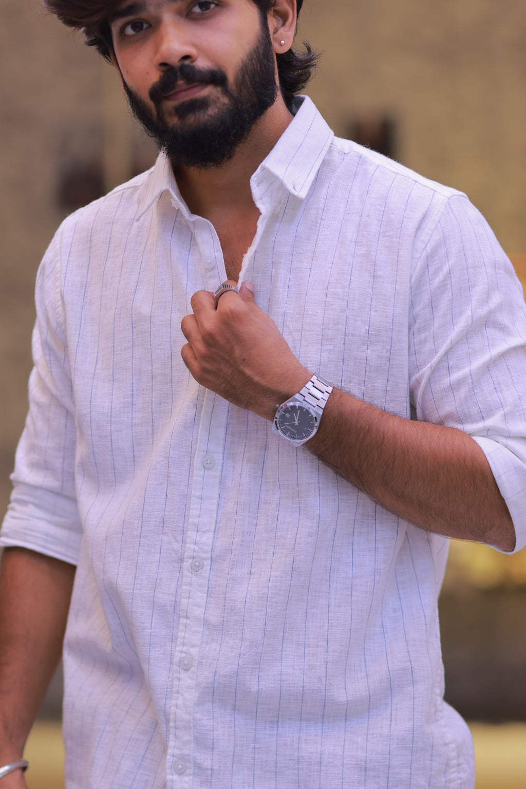 Linen Blue Striped Full-Hand Shirt