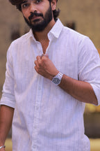 Linen Blue Striped Full-Hand Shirt