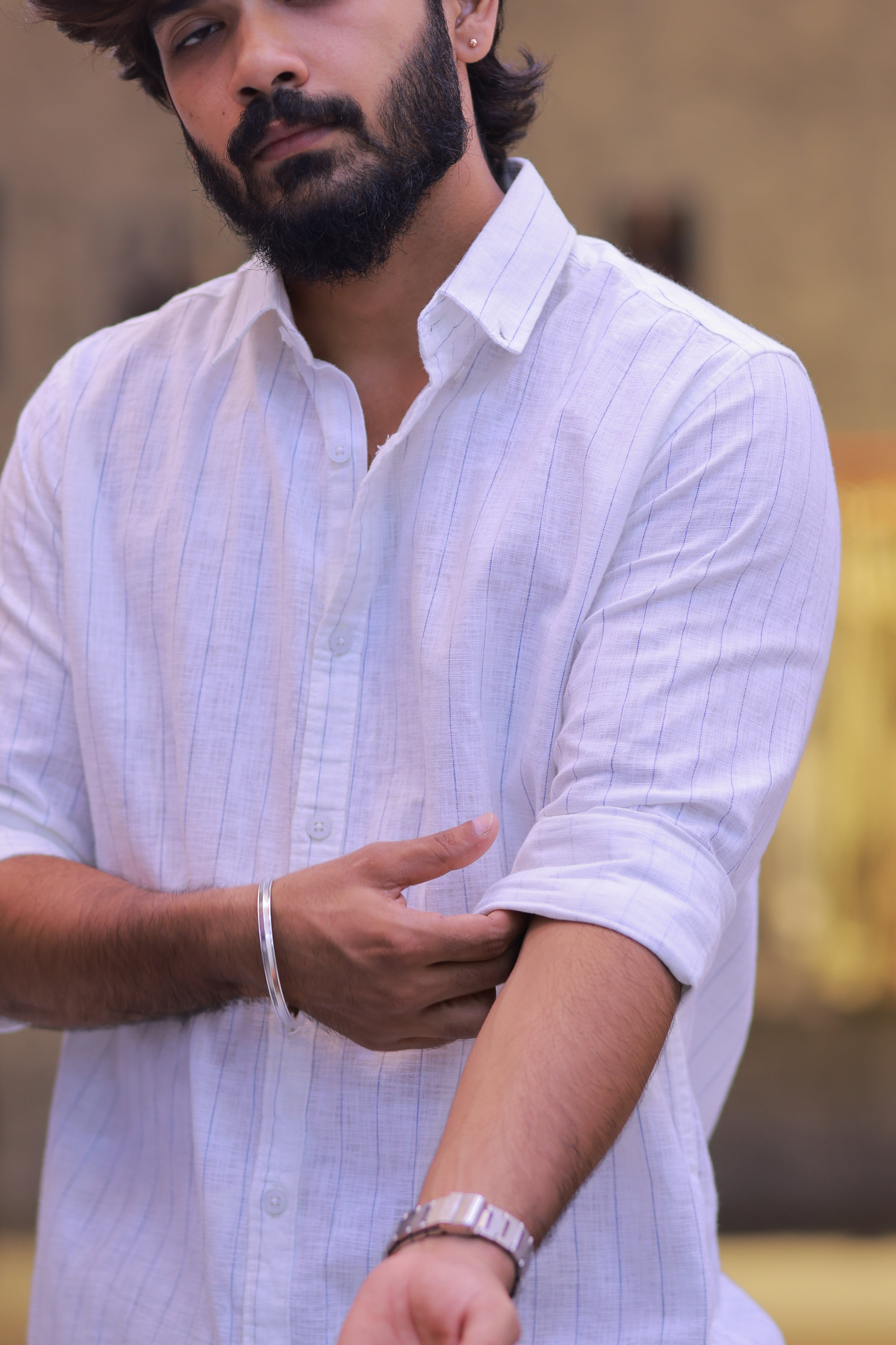 Linen Blue Striped Full-Hand Shirt