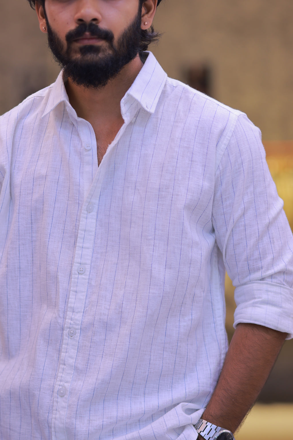 Linen Blue Striped Full-Hand Shirt