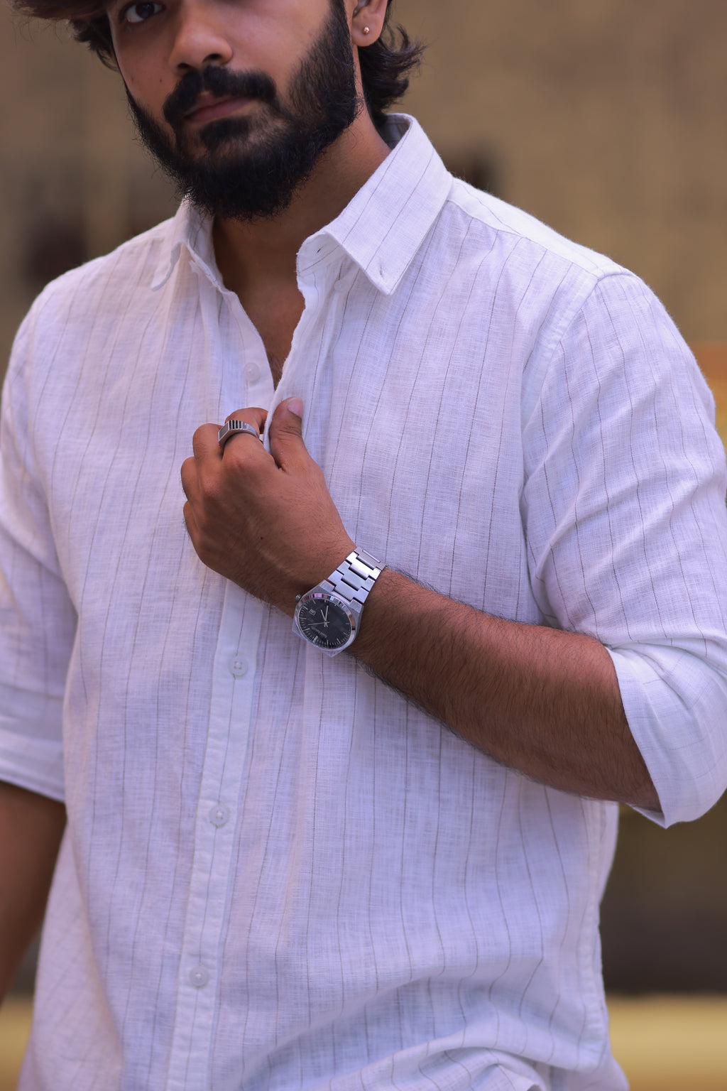 Linen Brown Striped Full-Hand Shirt