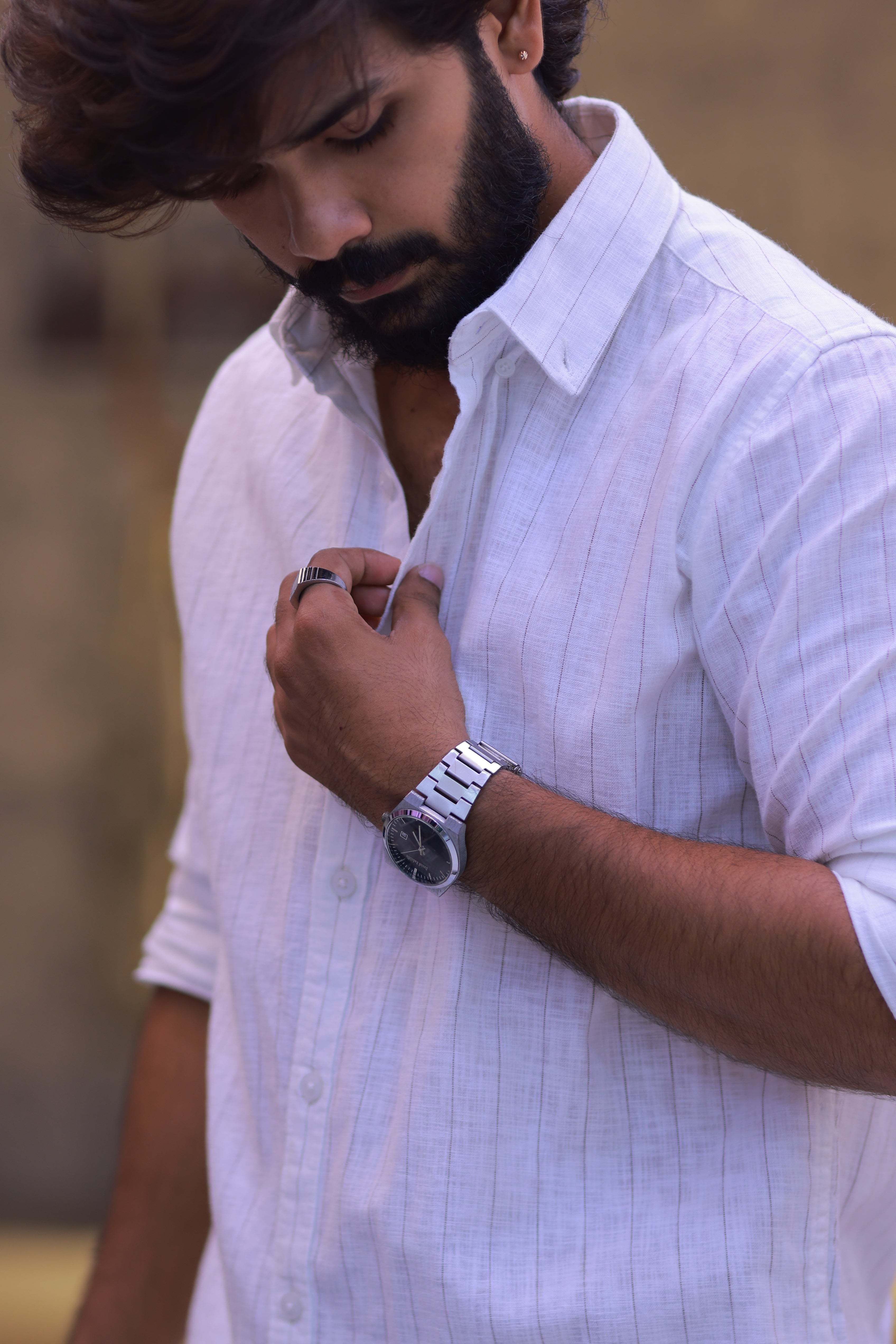 Linen Brown Striped Full-Hand Shirt