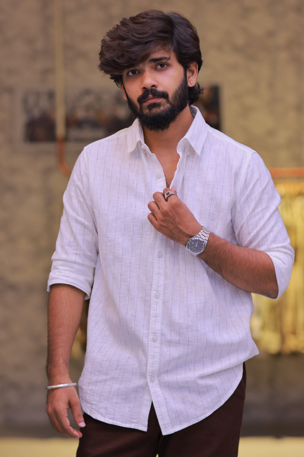 Linen Brown Striped Full-Hand Shirt