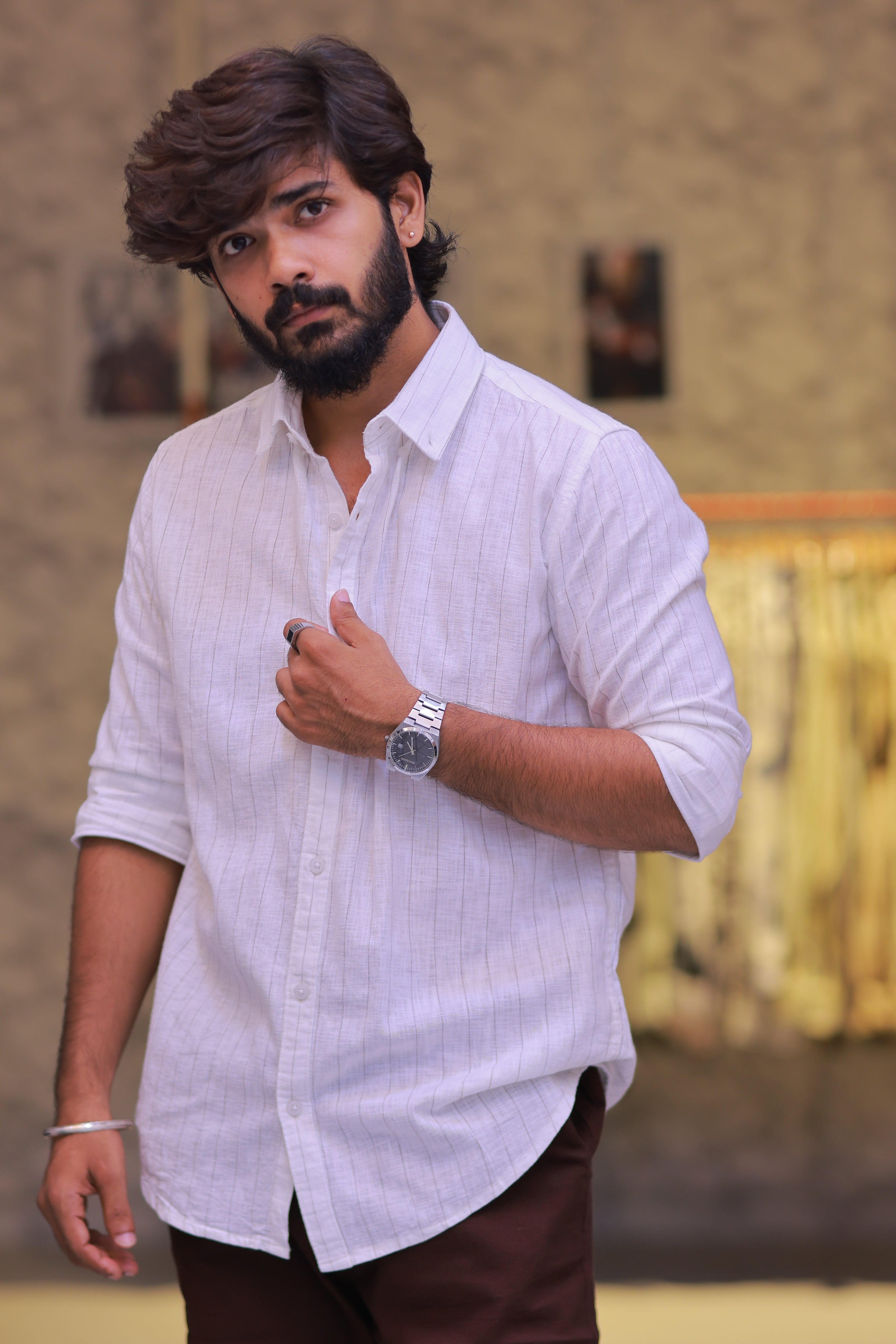 Linen Brown Striped Full-Hand Shirt