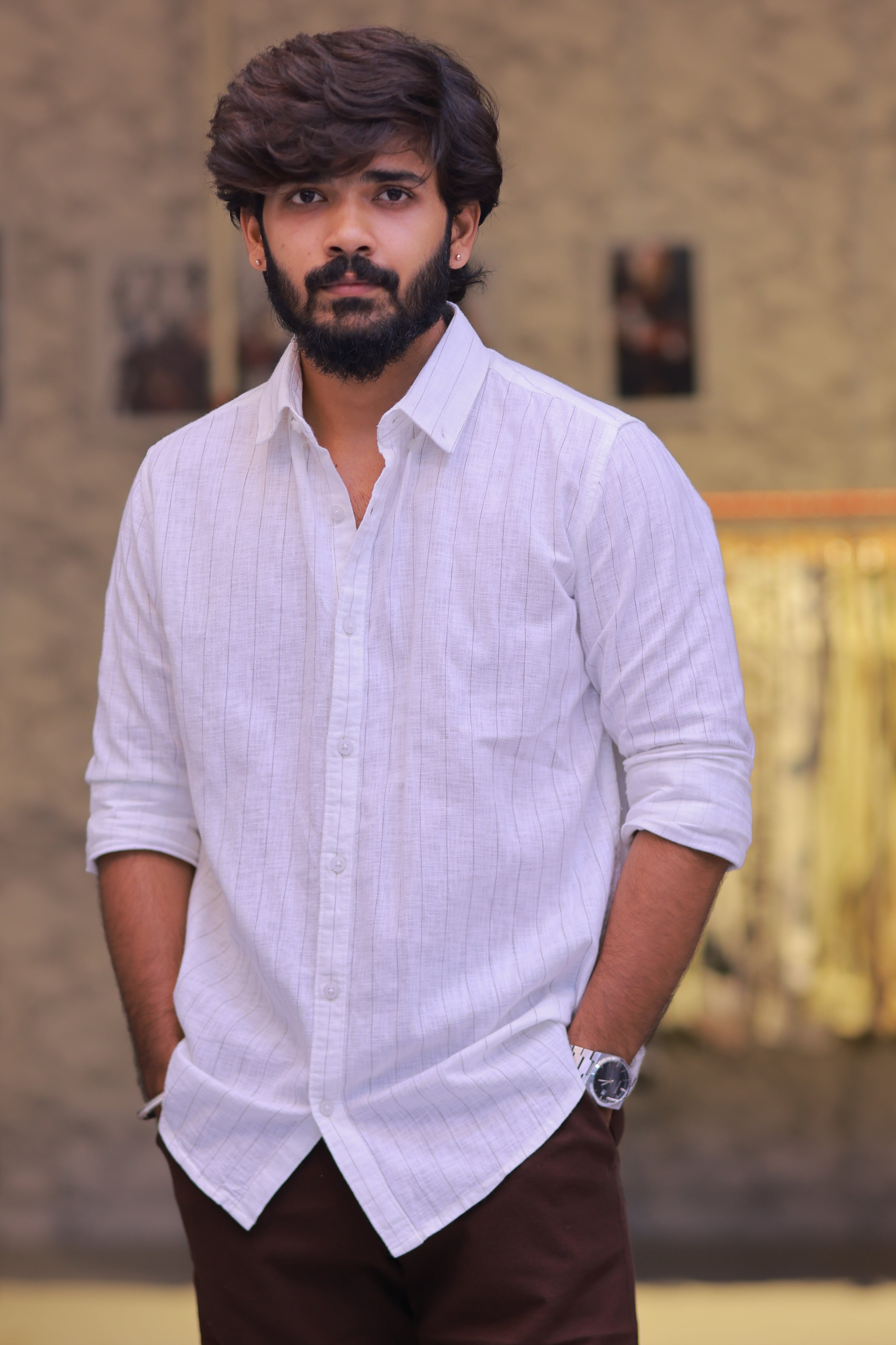 Linen Brown Striped Full-Hand Shirt