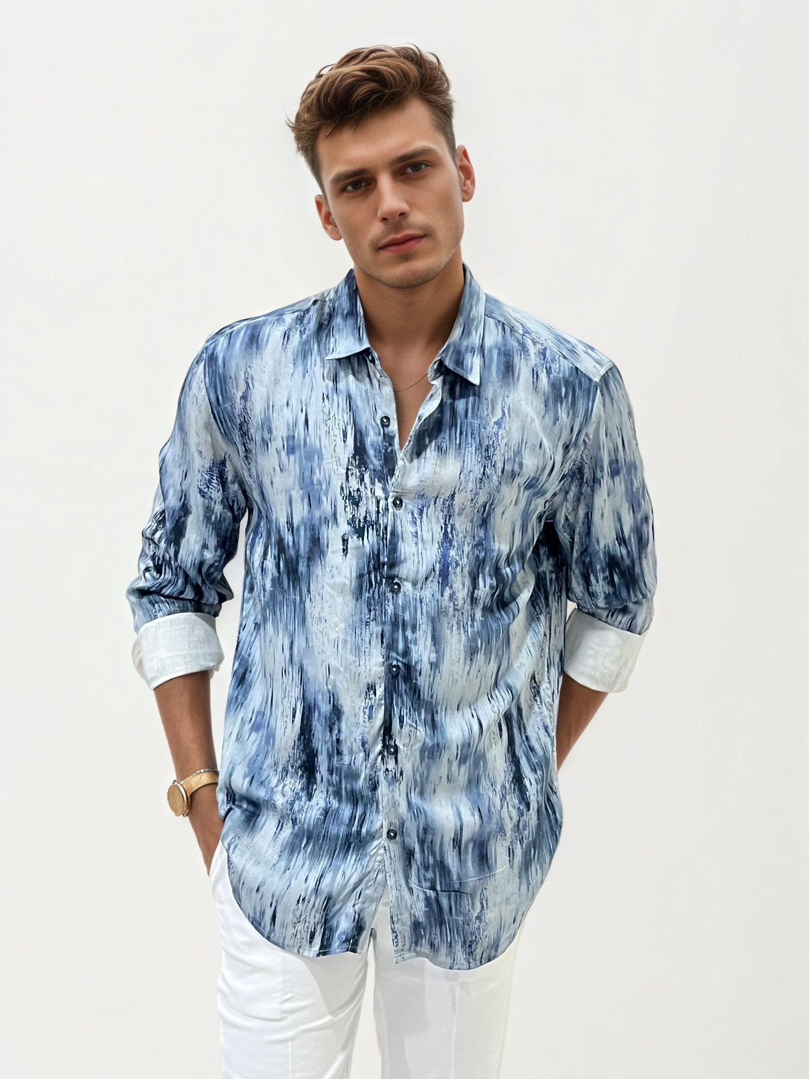 Blue Viscose Regular Fit Printed Shirt