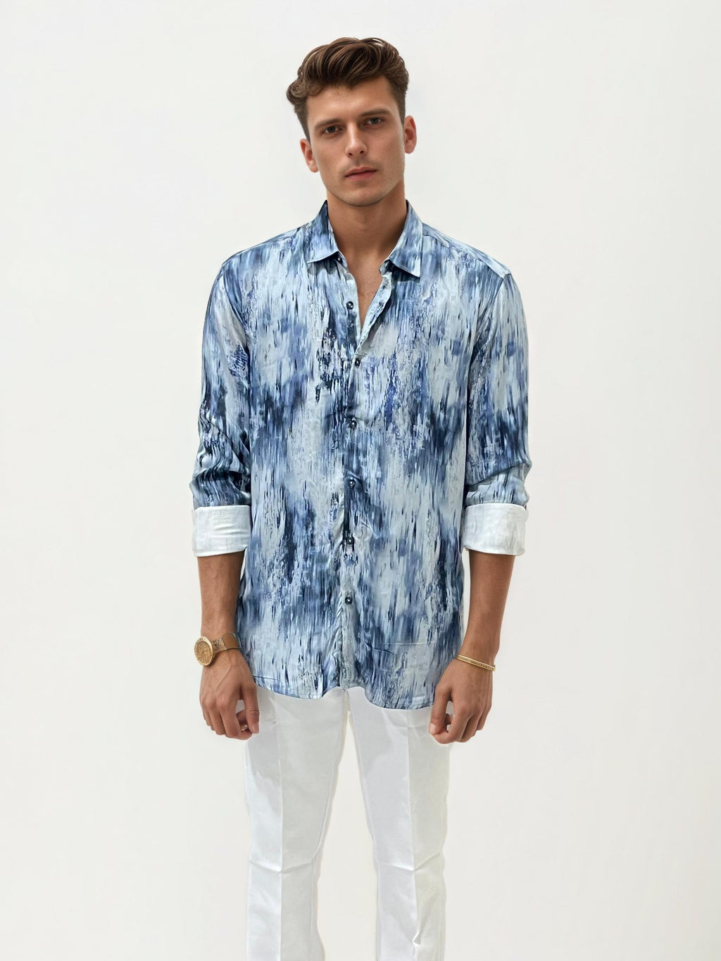 Blue Viscose Regular Fit Printed Shirt