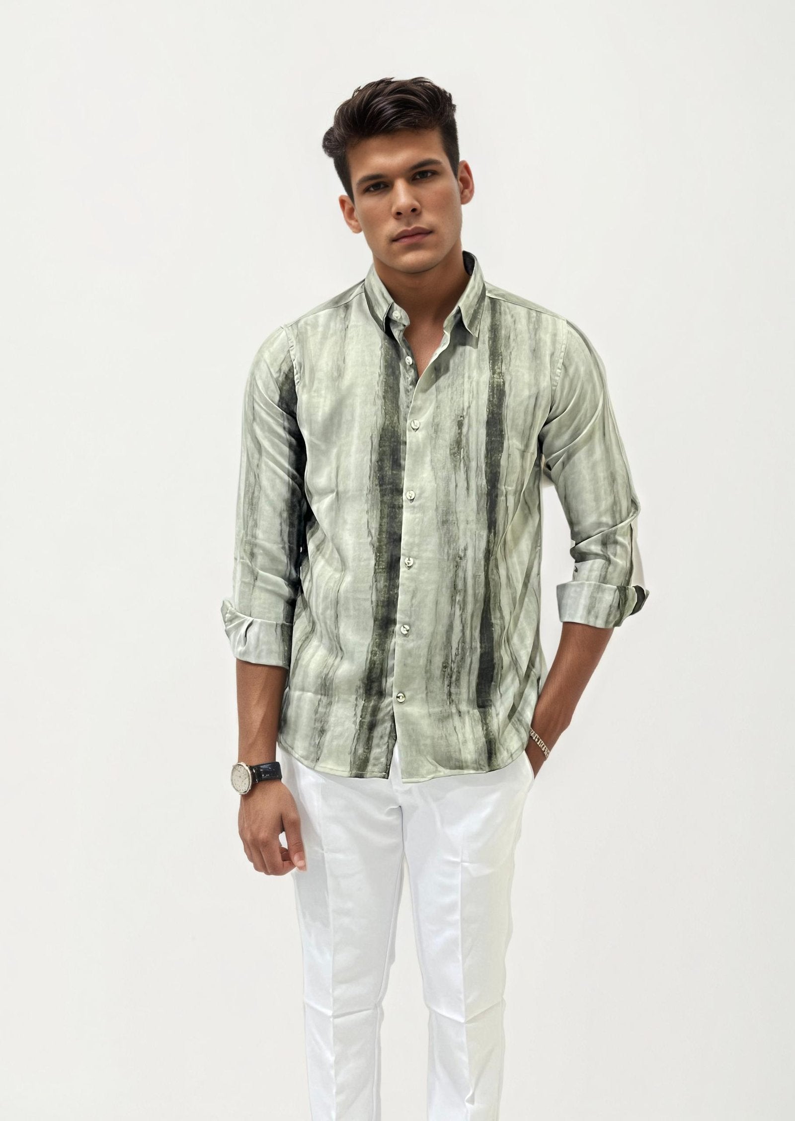 Green Slim Fit Rayon Printed Shirt
