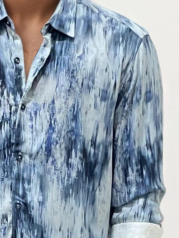 Blue Viscose Regular Fit Printed Shirt