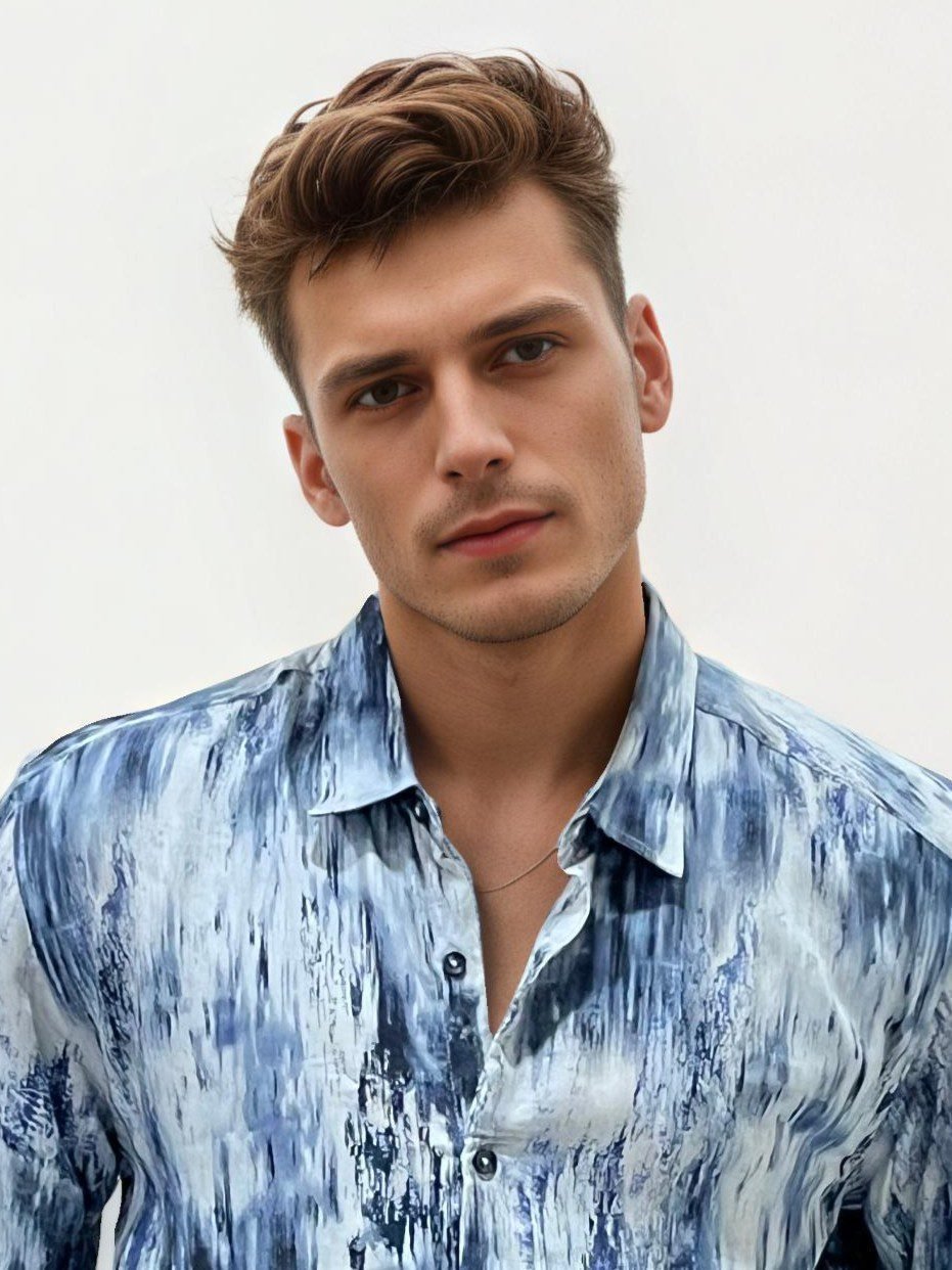 Blue Viscose Regular Fit Printed Shirt
