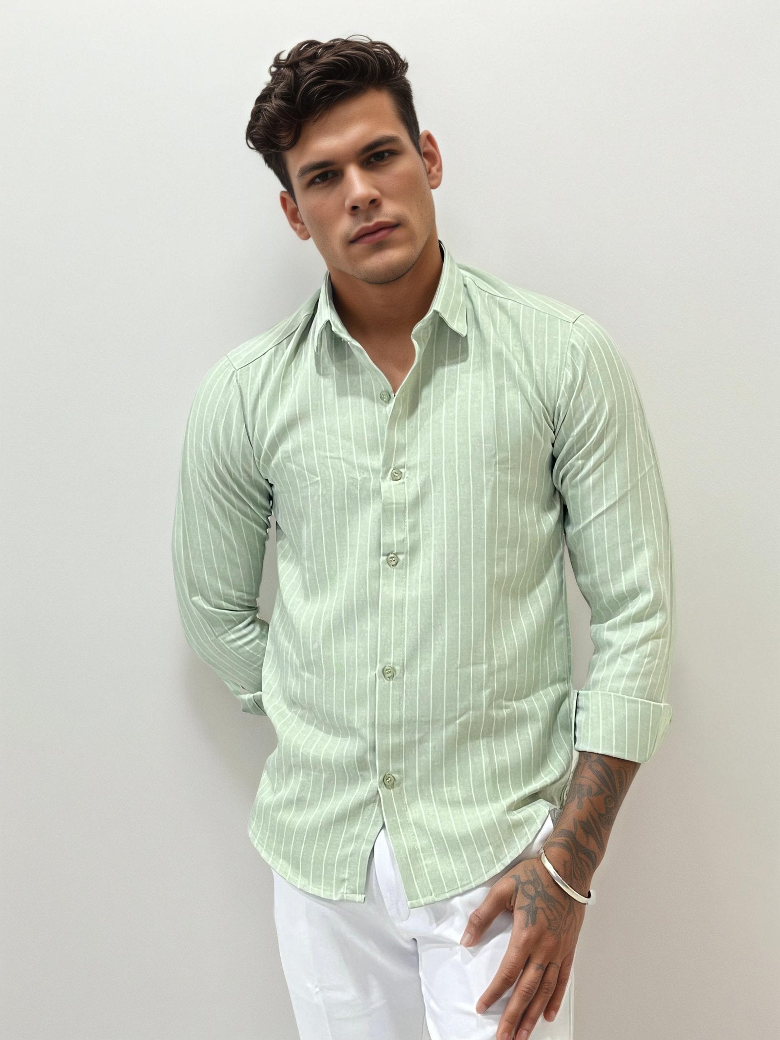 Old Money Green Striped Slim Fit Shirt