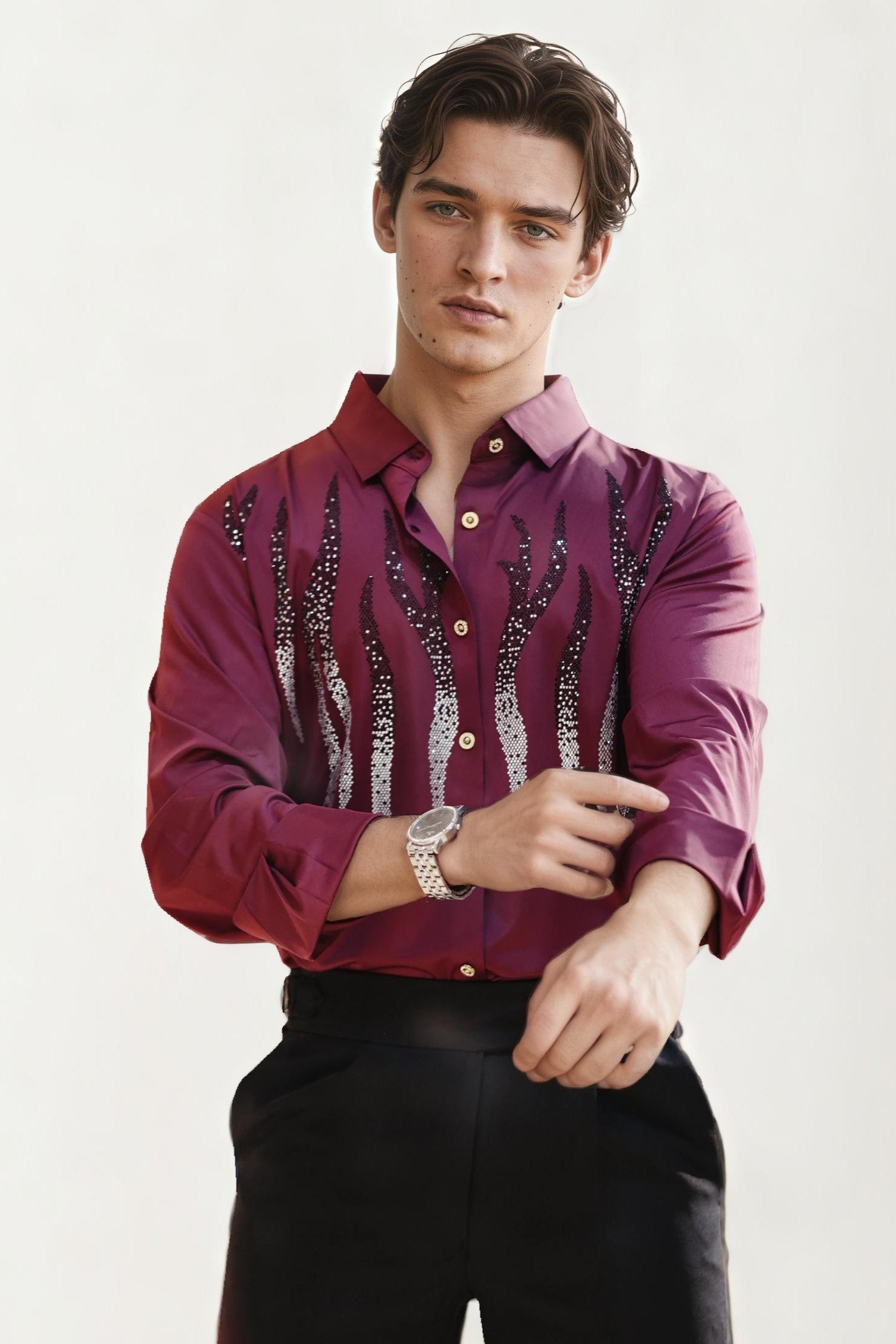 Wine imported embellished shirt