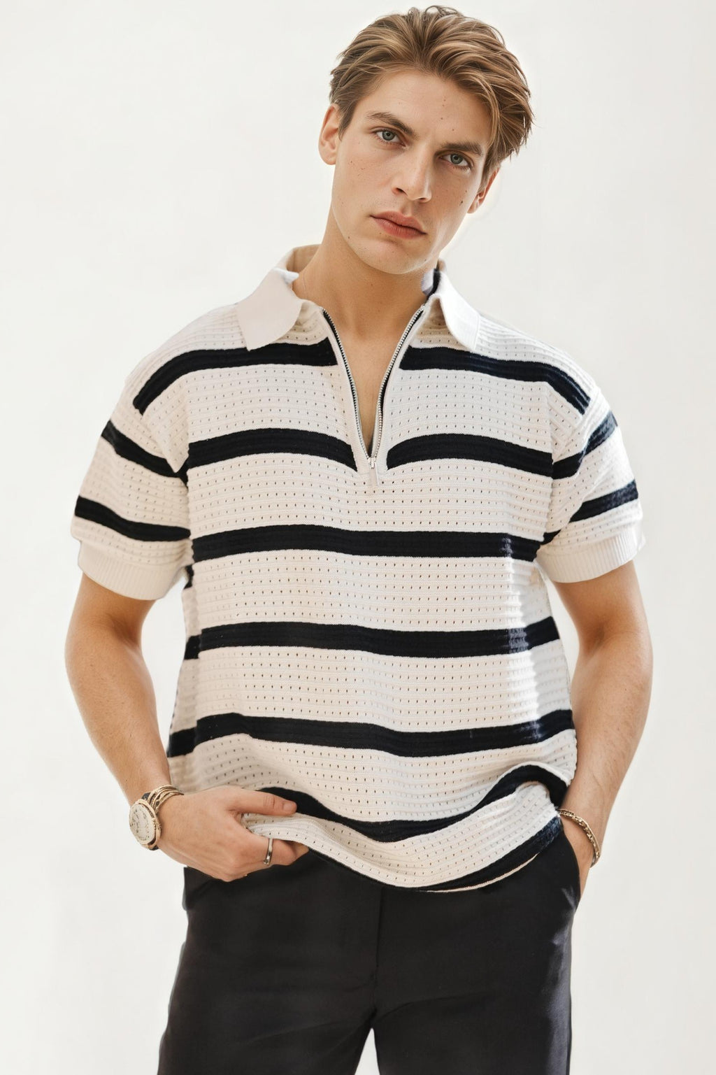 Beige Striped Knitted T-Shirt