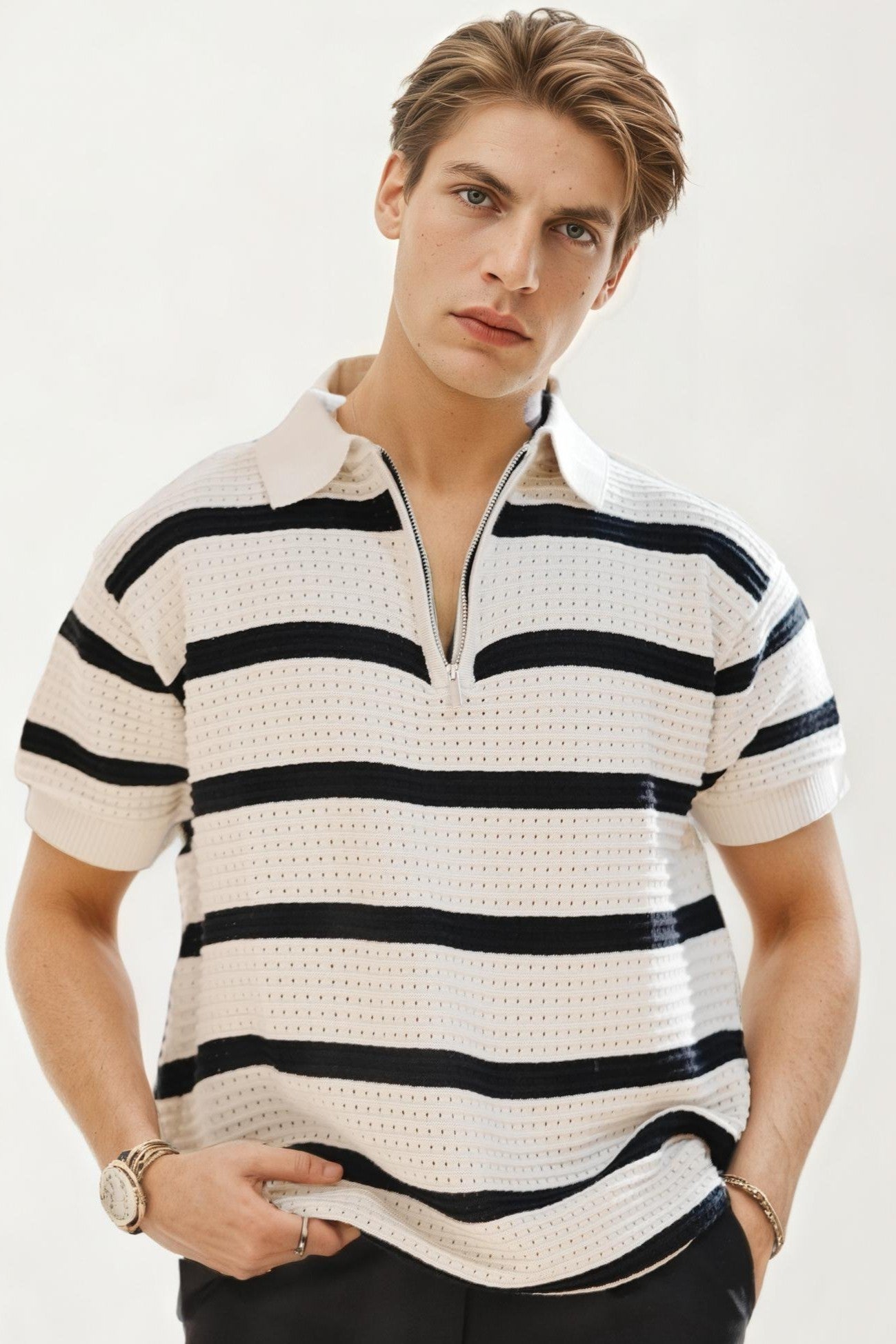Beige Striped Knitted T-Shirt