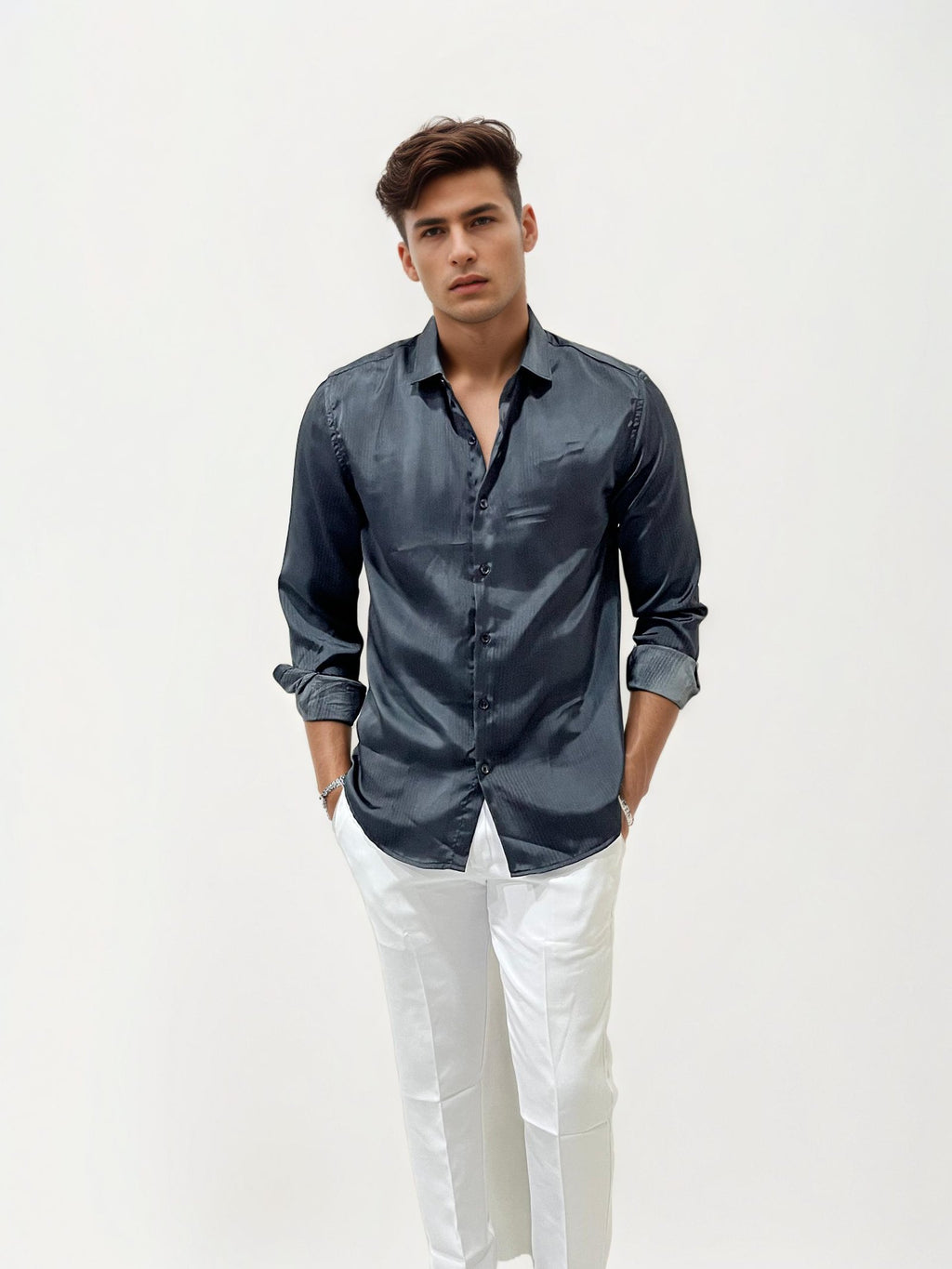 Black Satin Slim Fit Printed Shirt