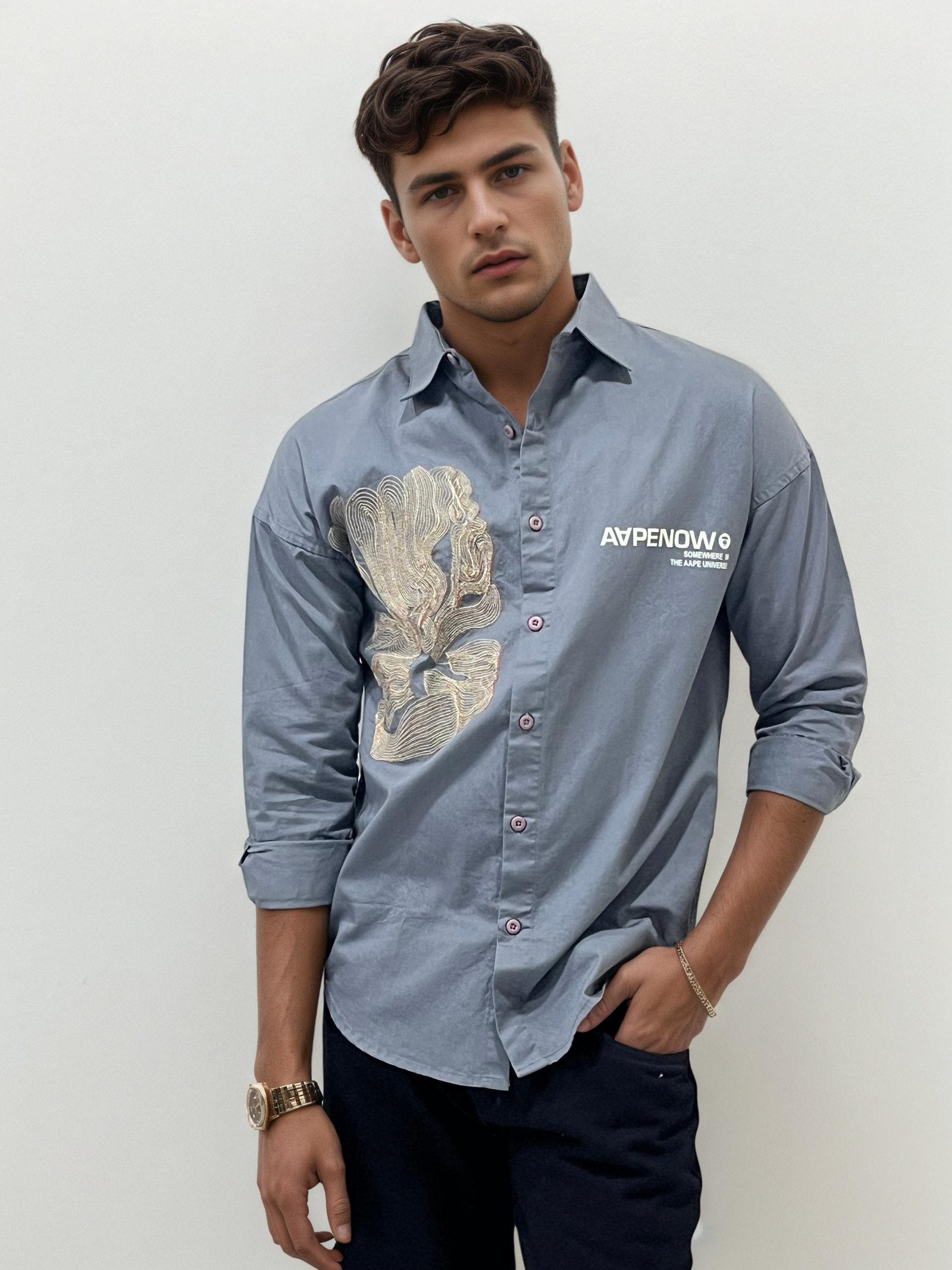 Grey Embroidery Regular fit Shirt