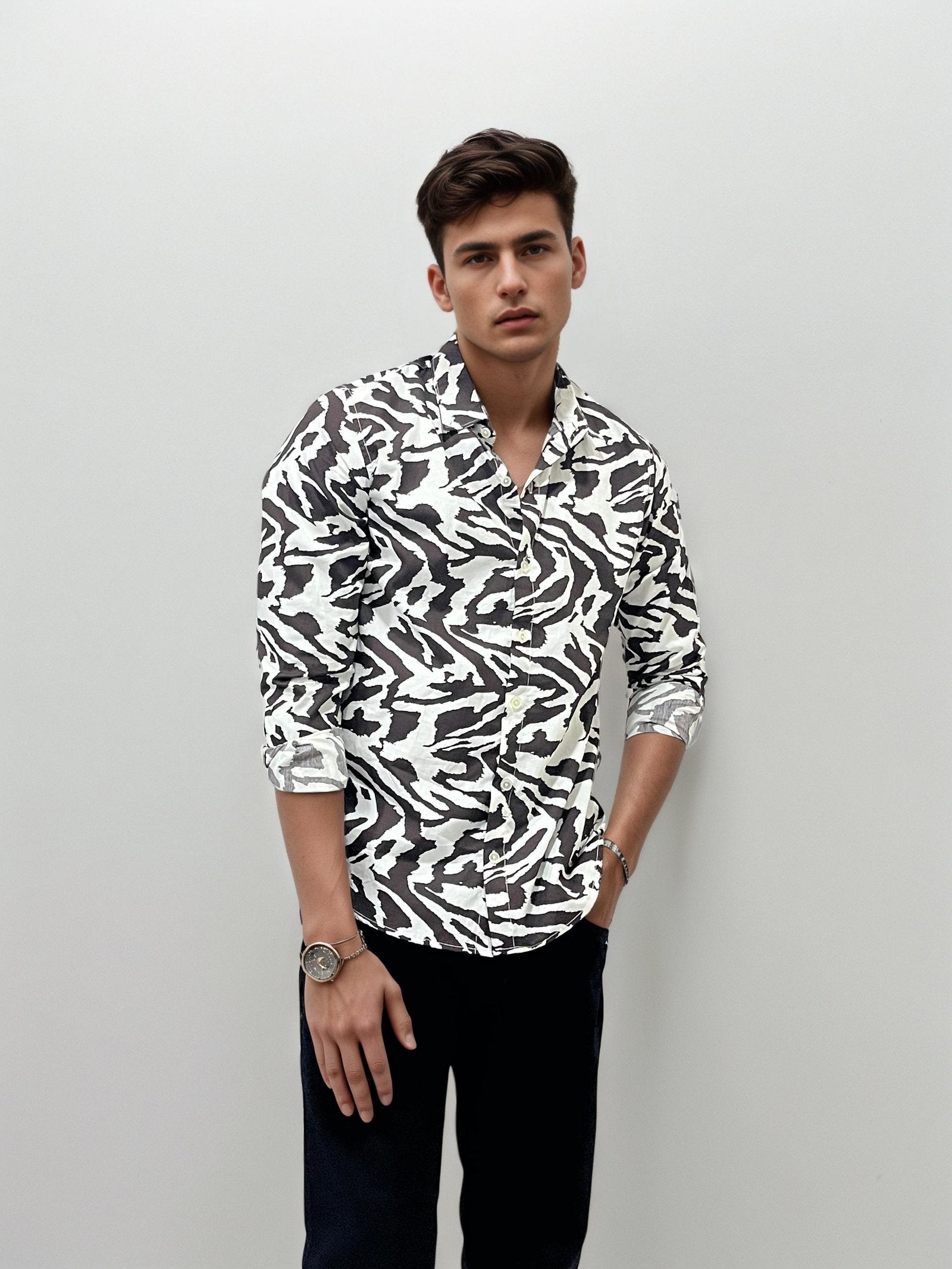 Black & White Printed Slim Fit Shirt