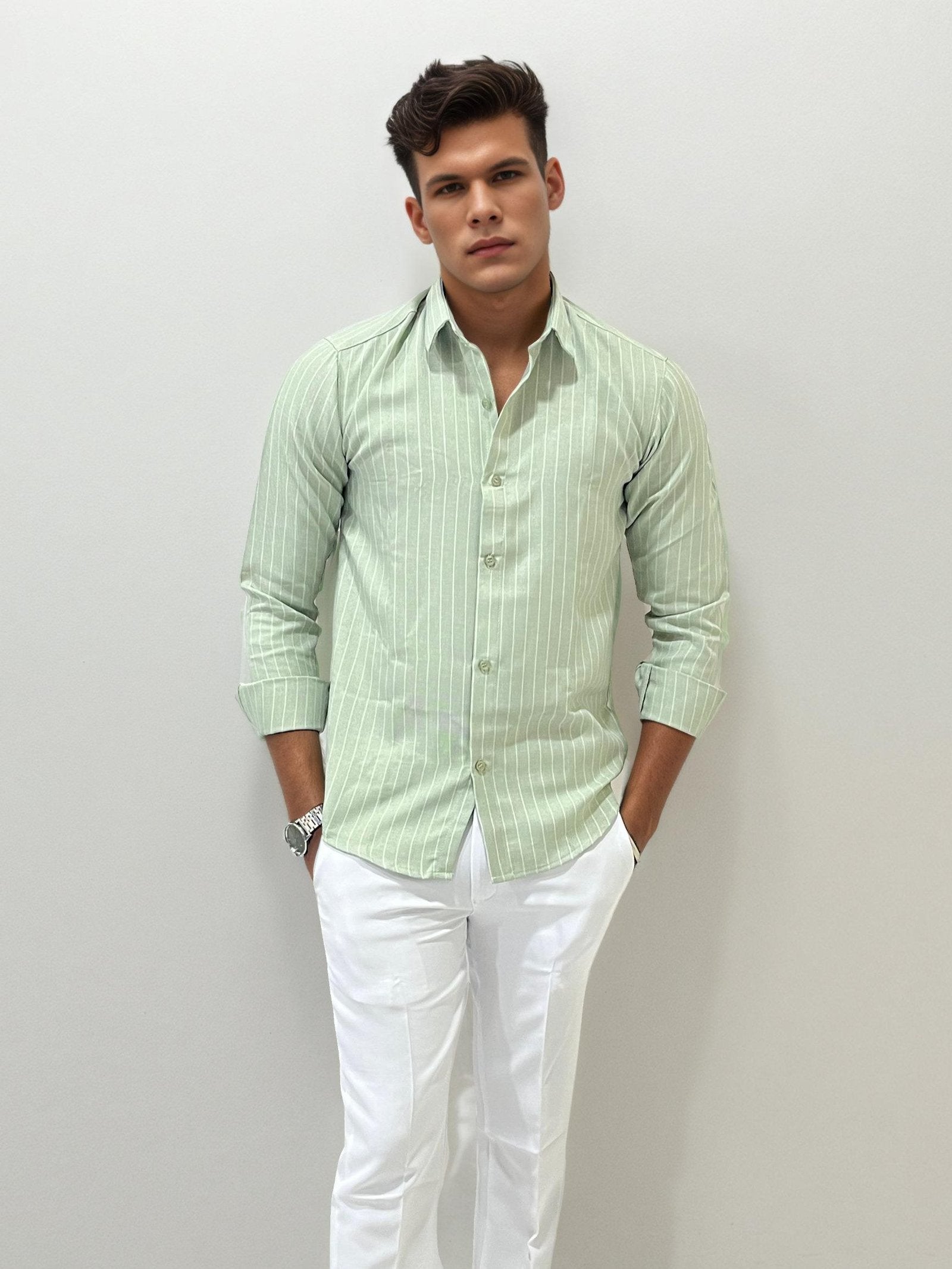 Old Money Green Striped Slim Fit Shirt