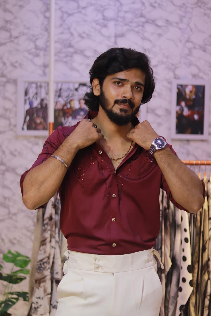 Wine Stone-Work Party-Wear Shirt